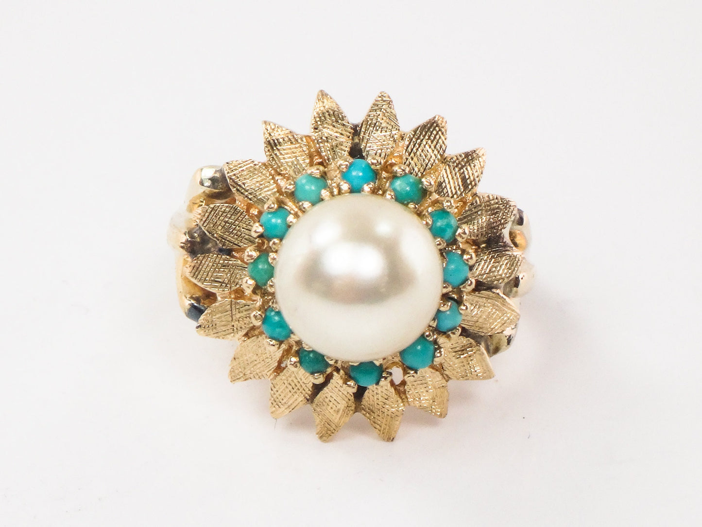 Vintage 14k Yellow Gold Saltwater Cultured Pearl and Turquoise Ring, Floral White Pearl Ring