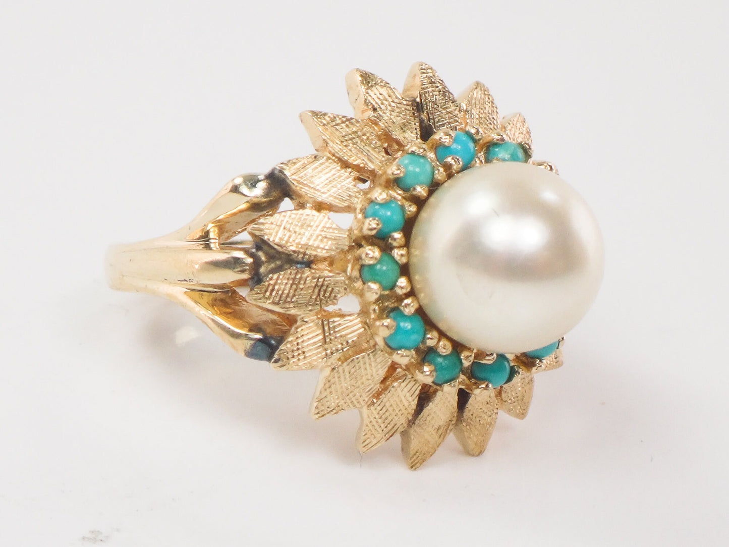 Vintage 14k Yellow Gold Saltwater Cultured Pearl and Turquoise Ring, Floral White Pearl Ring