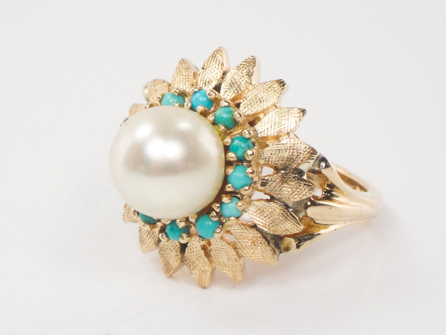 Vintage 14k Yellow Gold Saltwater Cultured Pearl and Turquoise Ring, Floral White Pearl Ring