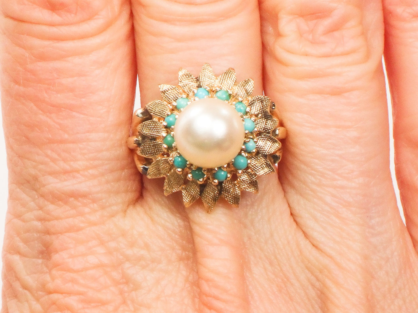 Vintage 14k Yellow Gold Saltwater Cultured Pearl and Turquoise Ring, Floral White Pearl Ring
