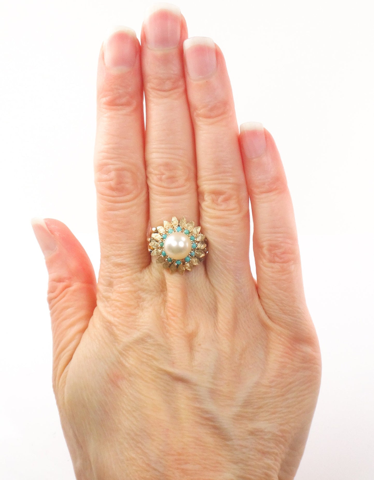 Vintage 14k Yellow Gold Saltwater Cultured Pearl and Turquoise Ring, Floral White Pearl Ring
