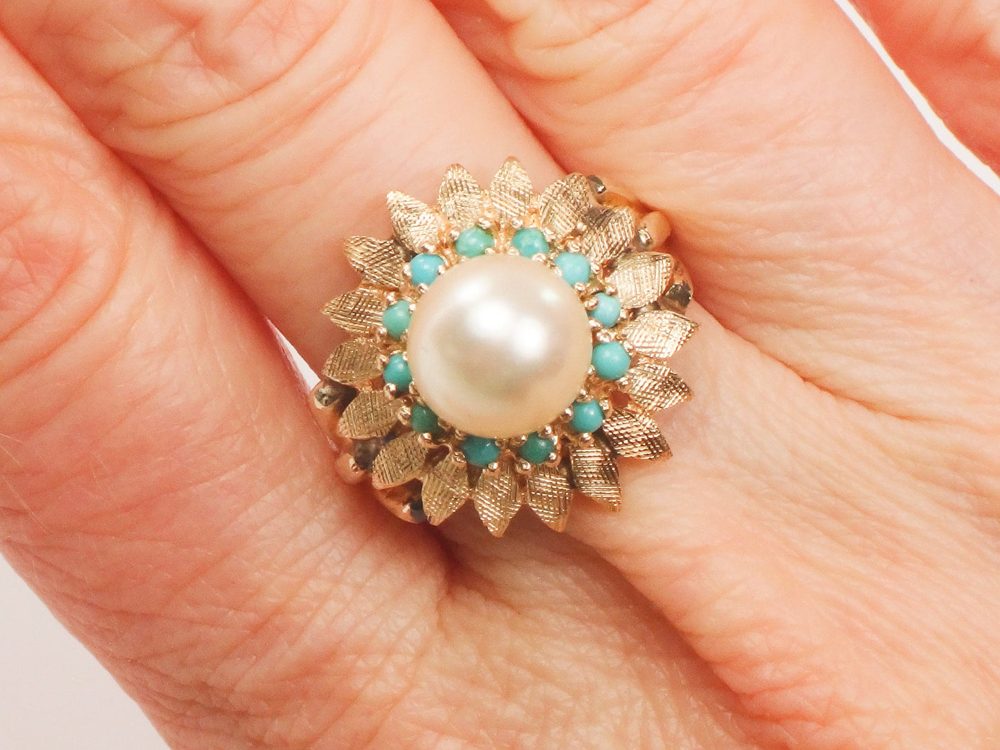 Vintage 14k Yellow Gold Saltwater Cultured Pearl and Turquoise Ring, Floral White Pearl Ring