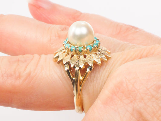 Vintage 14k Yellow Gold Saltwater Cultured Pearl and Turquoise Ring, Floral White Pearl Ring