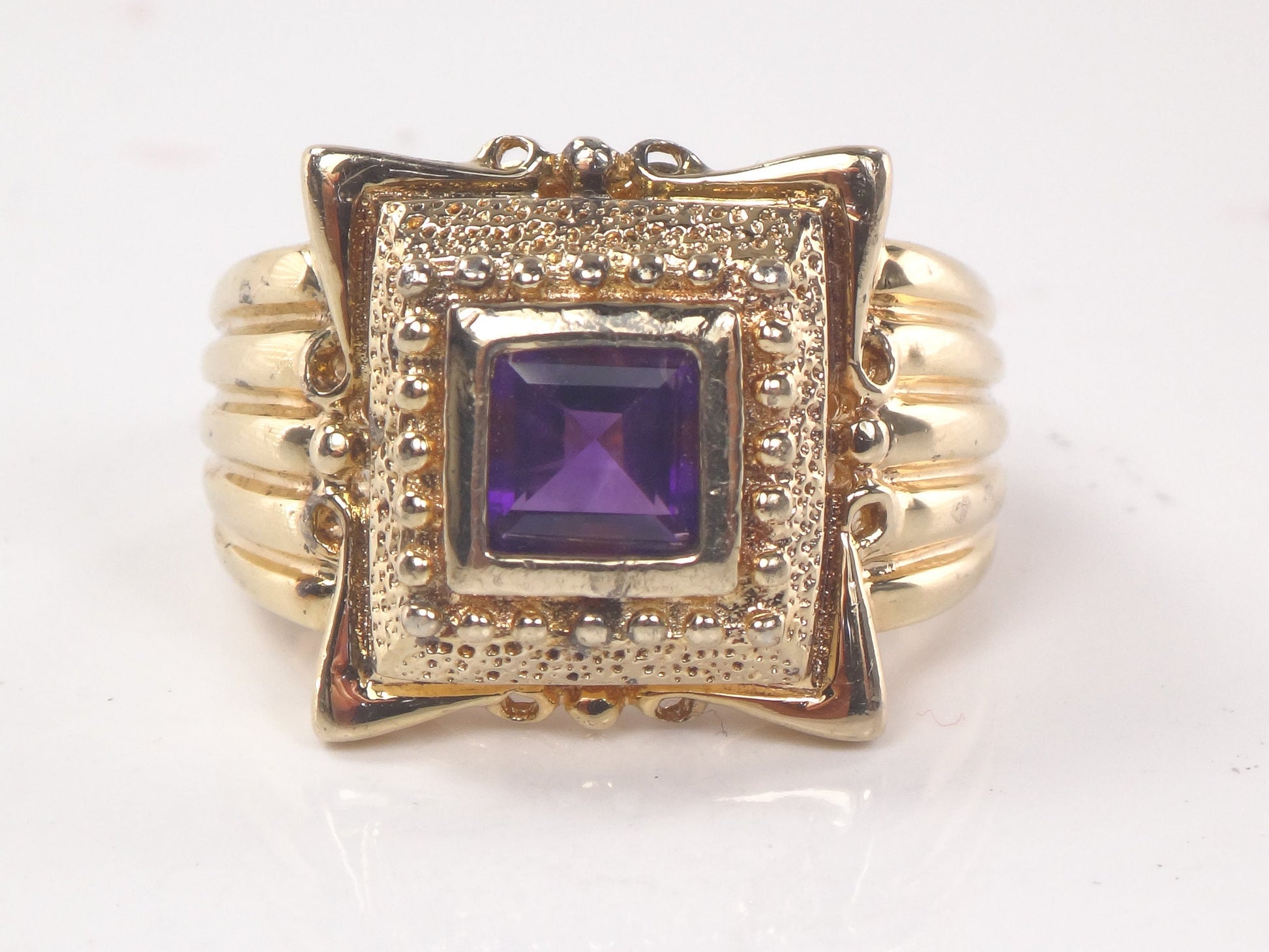 Vintage Wide Gilt Sterling Silver Amethyst Ring Ornate Purple Square Stone Ring - Size 9