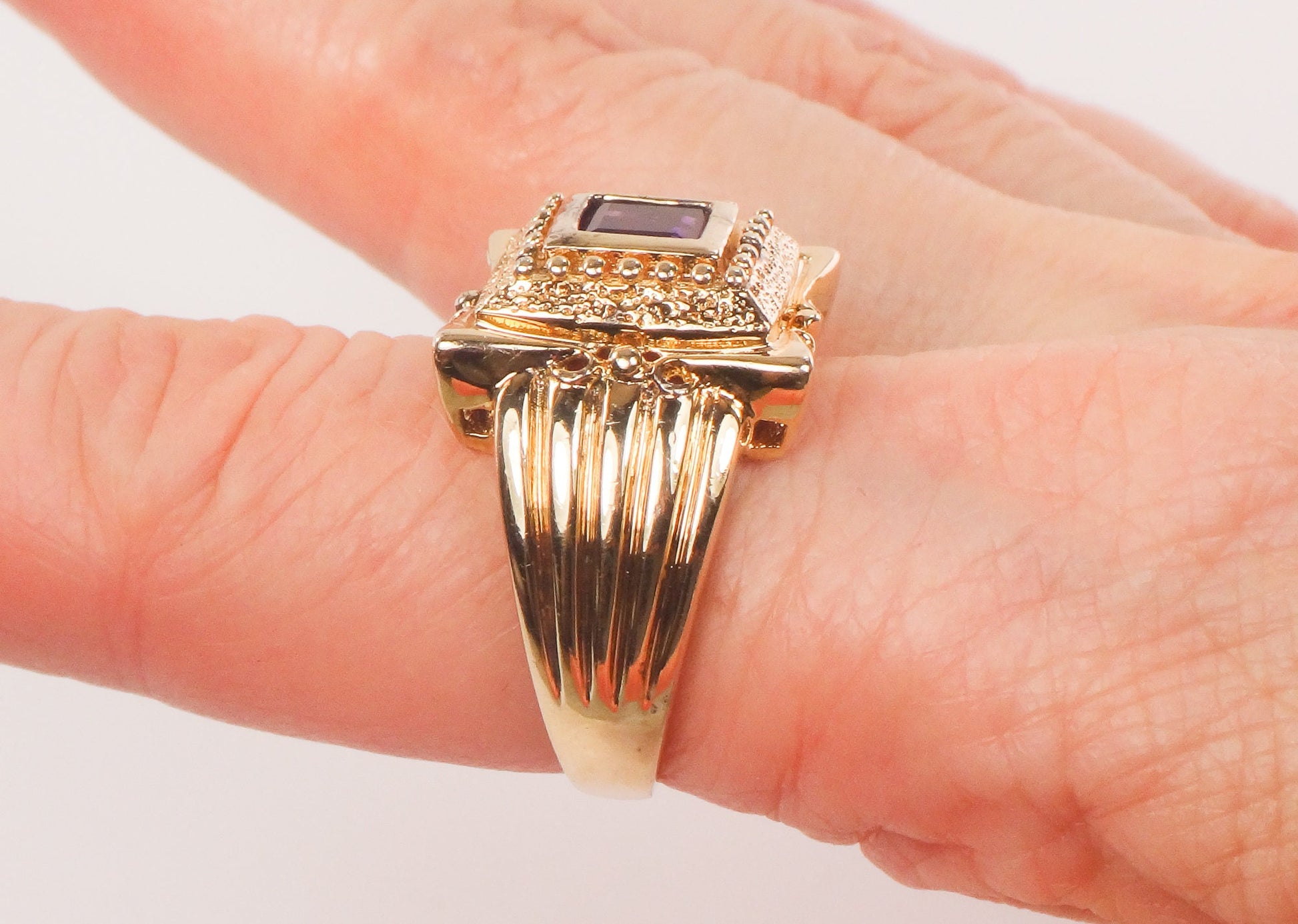 Vintage Wide Gilt Sterling Silver Amethyst Ring Ornate Purple Square Stone Ring - Size 9