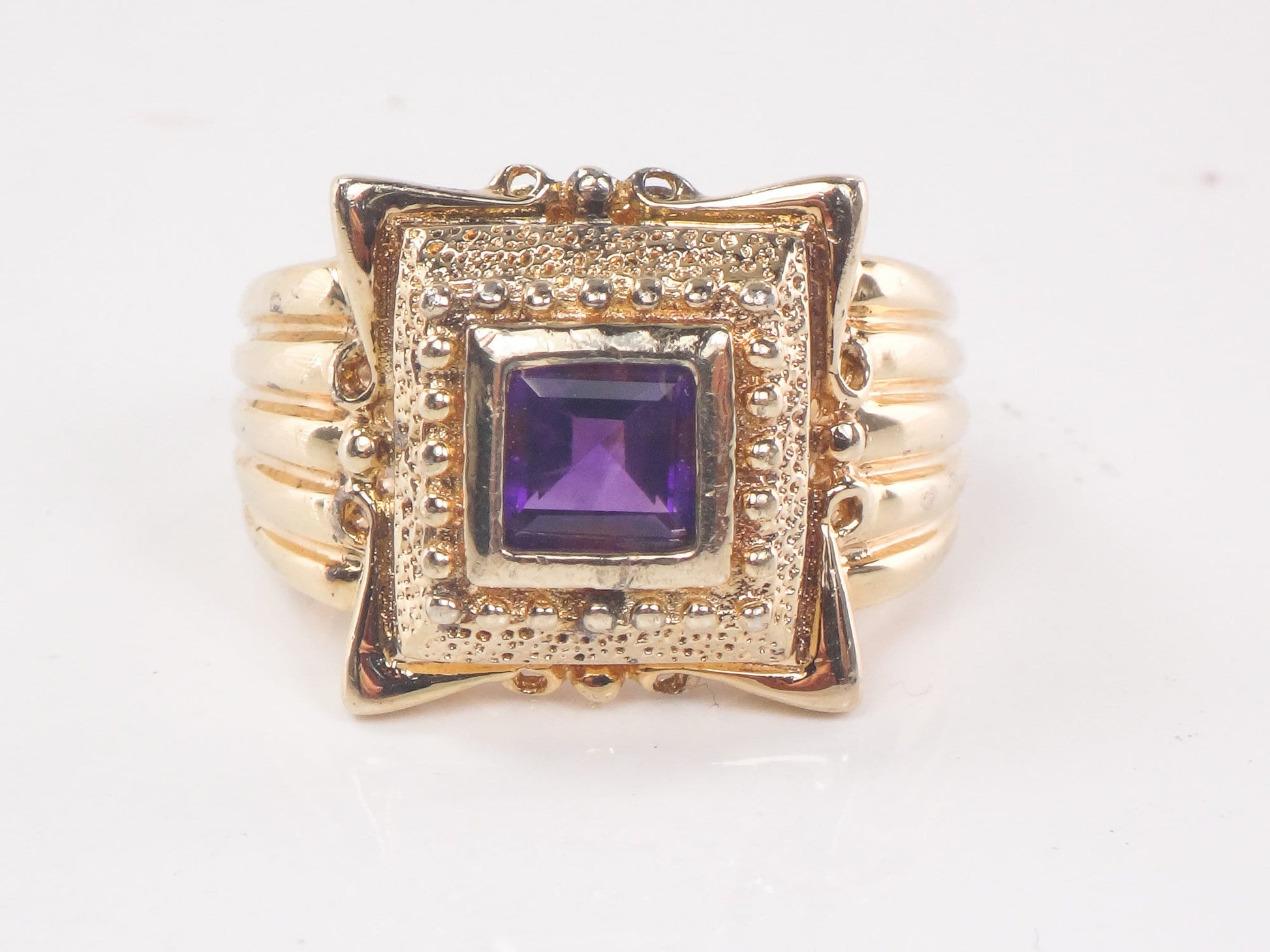 Vintage Wide Gilt Sterling Silver Amethyst Ring Ornate Purple Square Stone Ring - Size 9