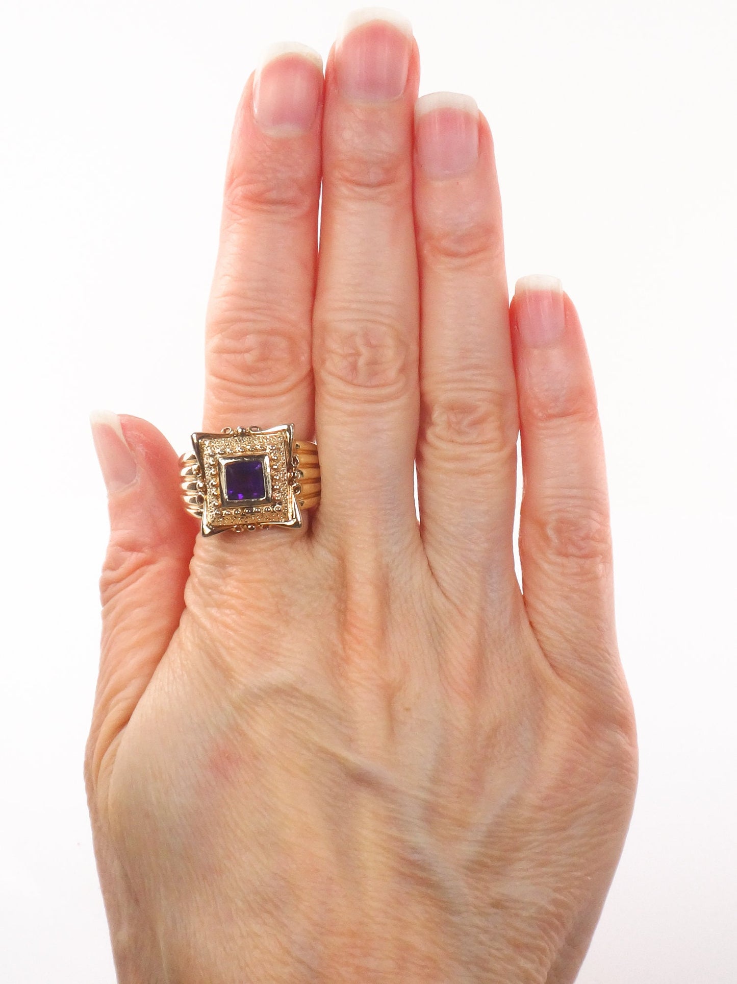 Vintage Wide Gilt Sterling Silver Amethyst Ring Ornate Purple Square Stone Ring - Size 9