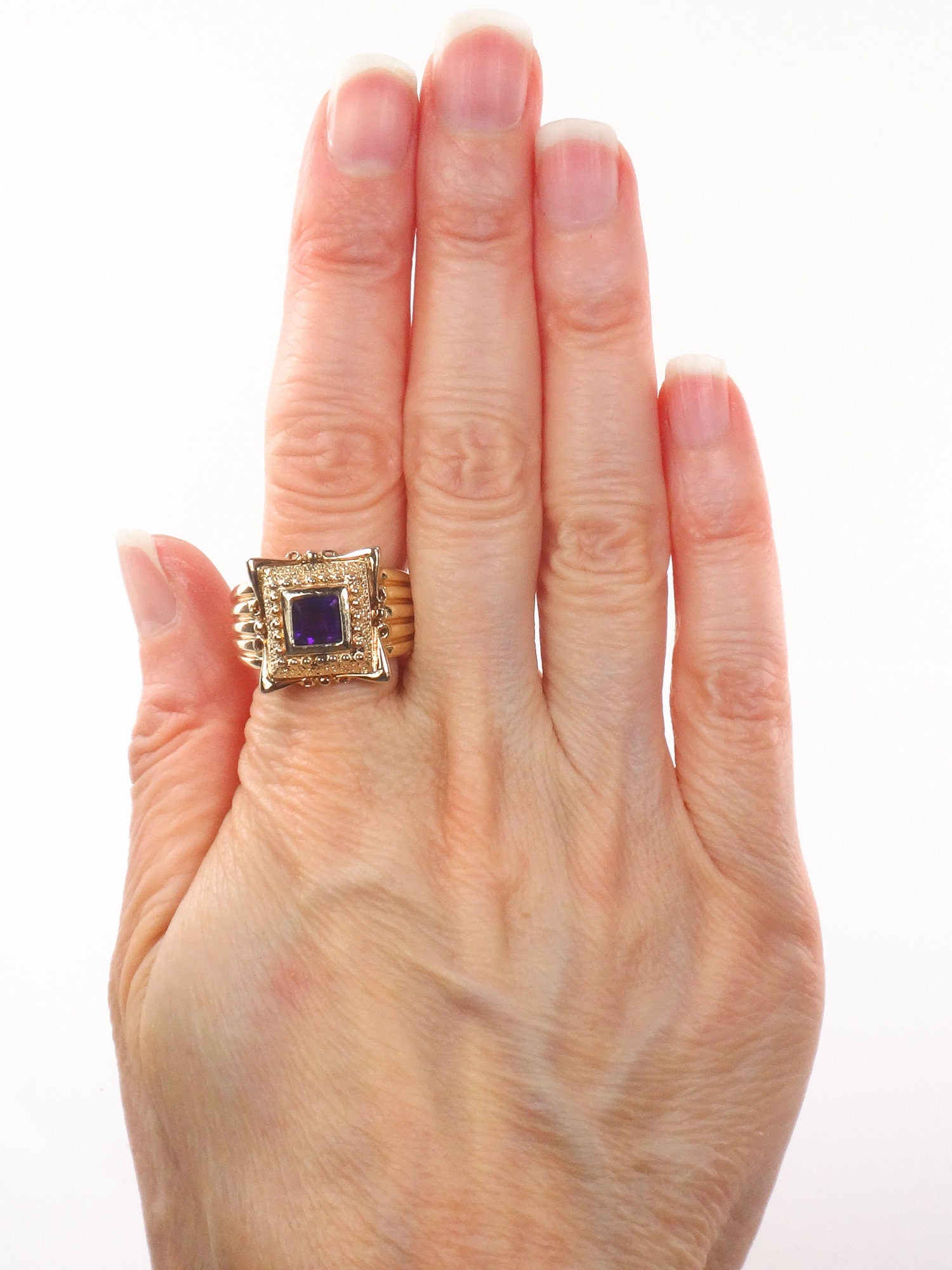 Vintage Wide Gilt Sterling Silver Amethyst Ring Ornate Purple Square Stone Ring - Size 9