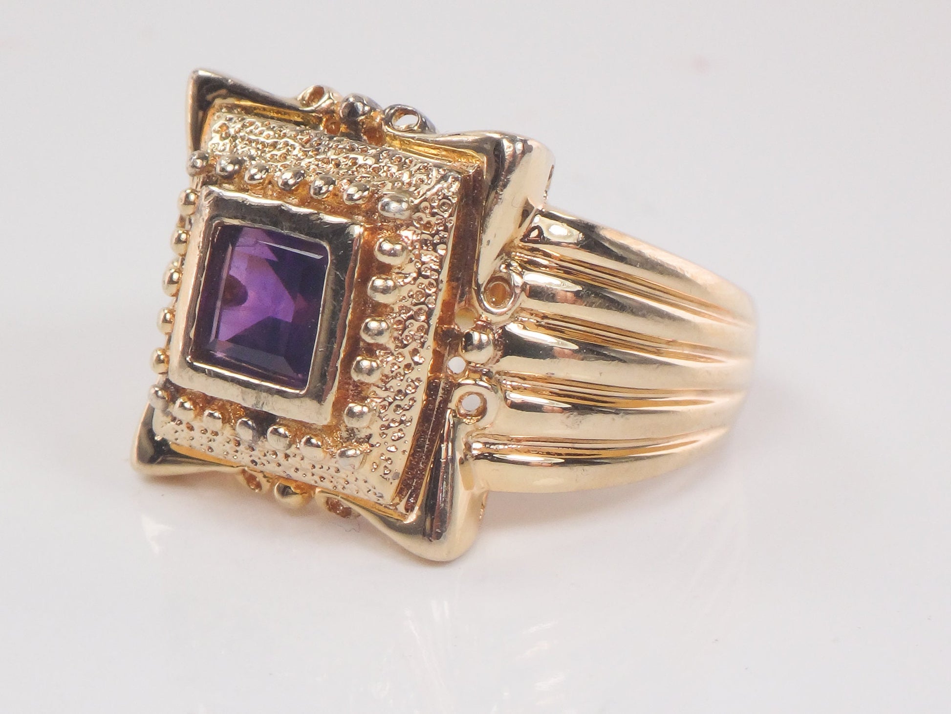 Vintage Wide Gilt Sterling Silver Amethyst Ring Ornate Purple Square Stone Ring - Size 9