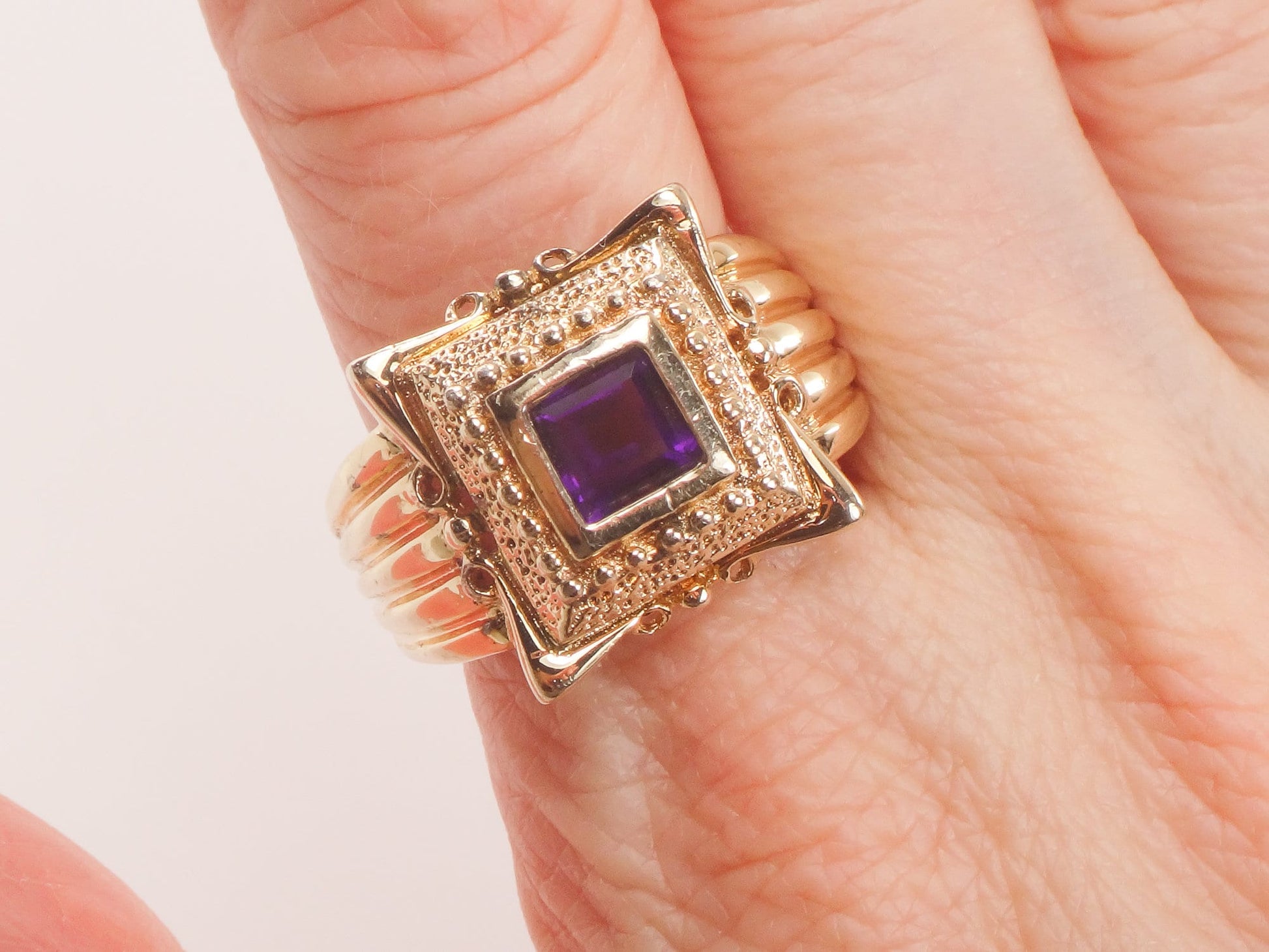 Vintage Wide Gilt Sterling Silver Amethyst Ring Ornate Purple Square Stone Ring - Size 9