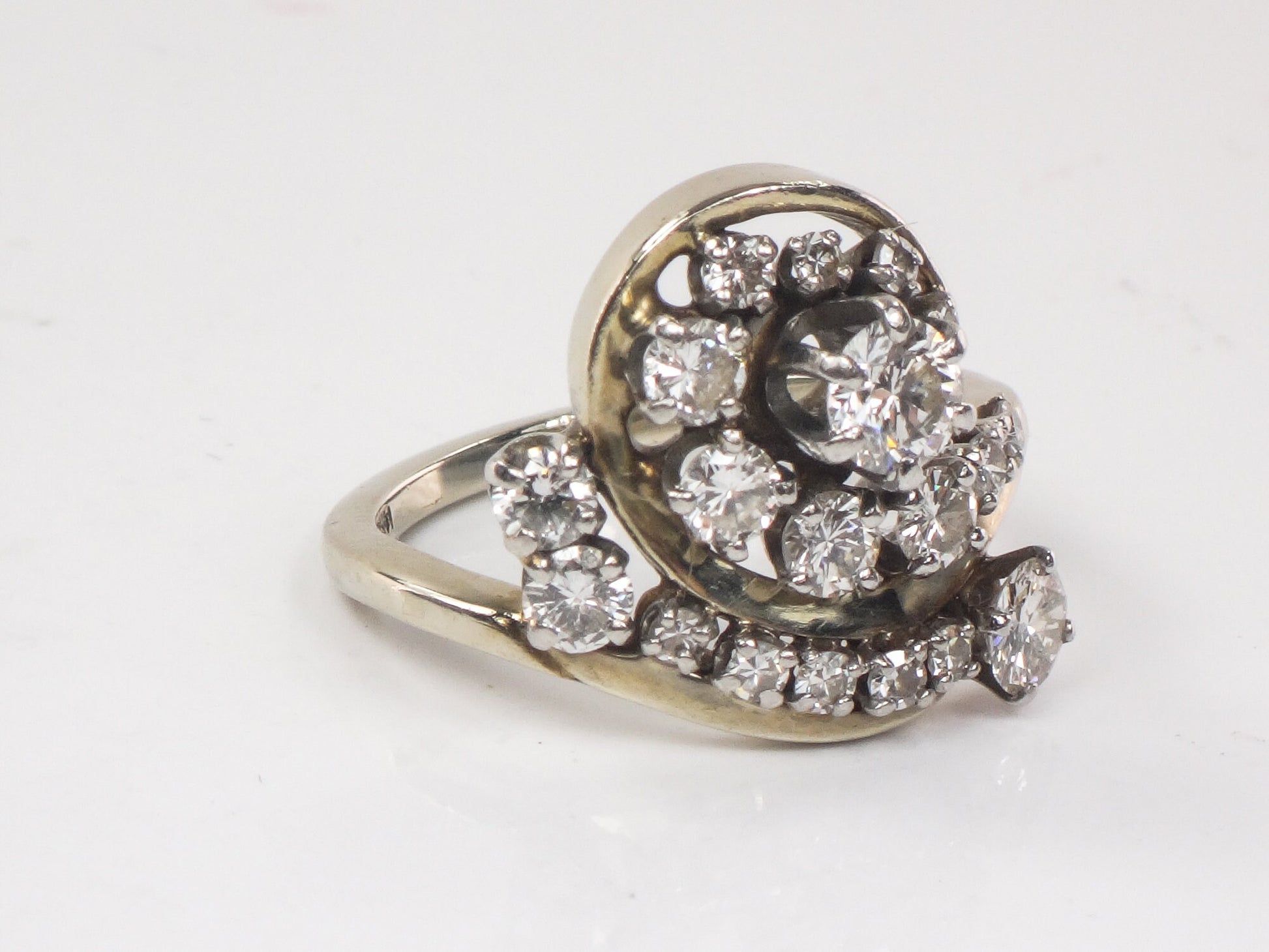 Vintage 14k White Gold Natural Diamond Swirl Ring, Cocktail Approximately 1.3 CT TDW