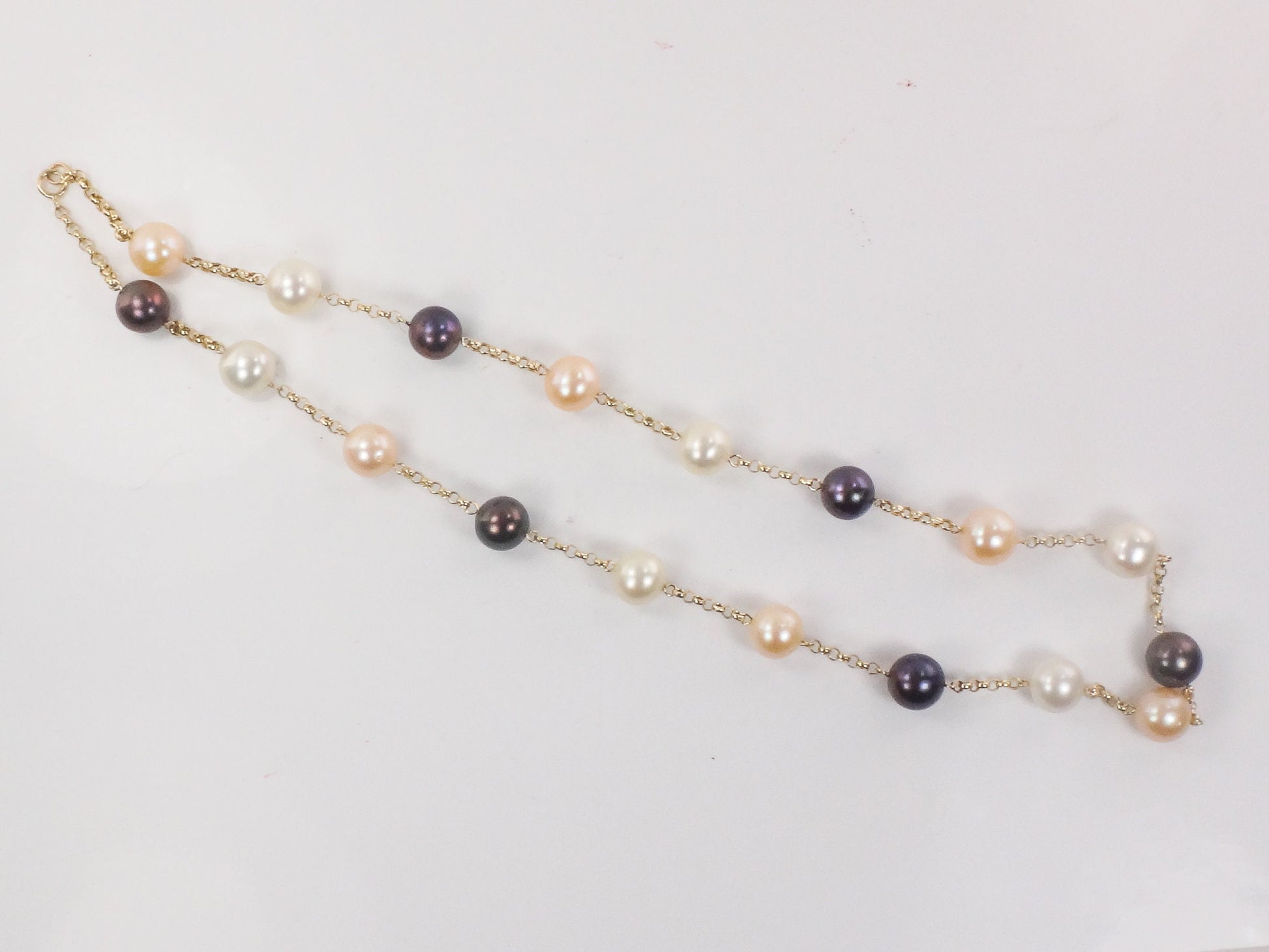 Vintage 14k Gold Pearl Station Necklace: Multi-Colored Bridal Jewelry, 18"