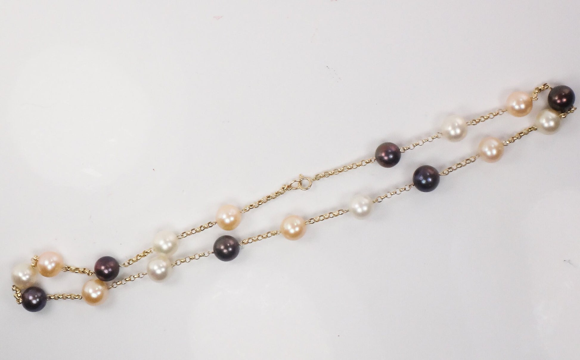 Vintage 14k Gold Pearl Station Necklace: Multi-Colored Bridal Jewelry, 18"