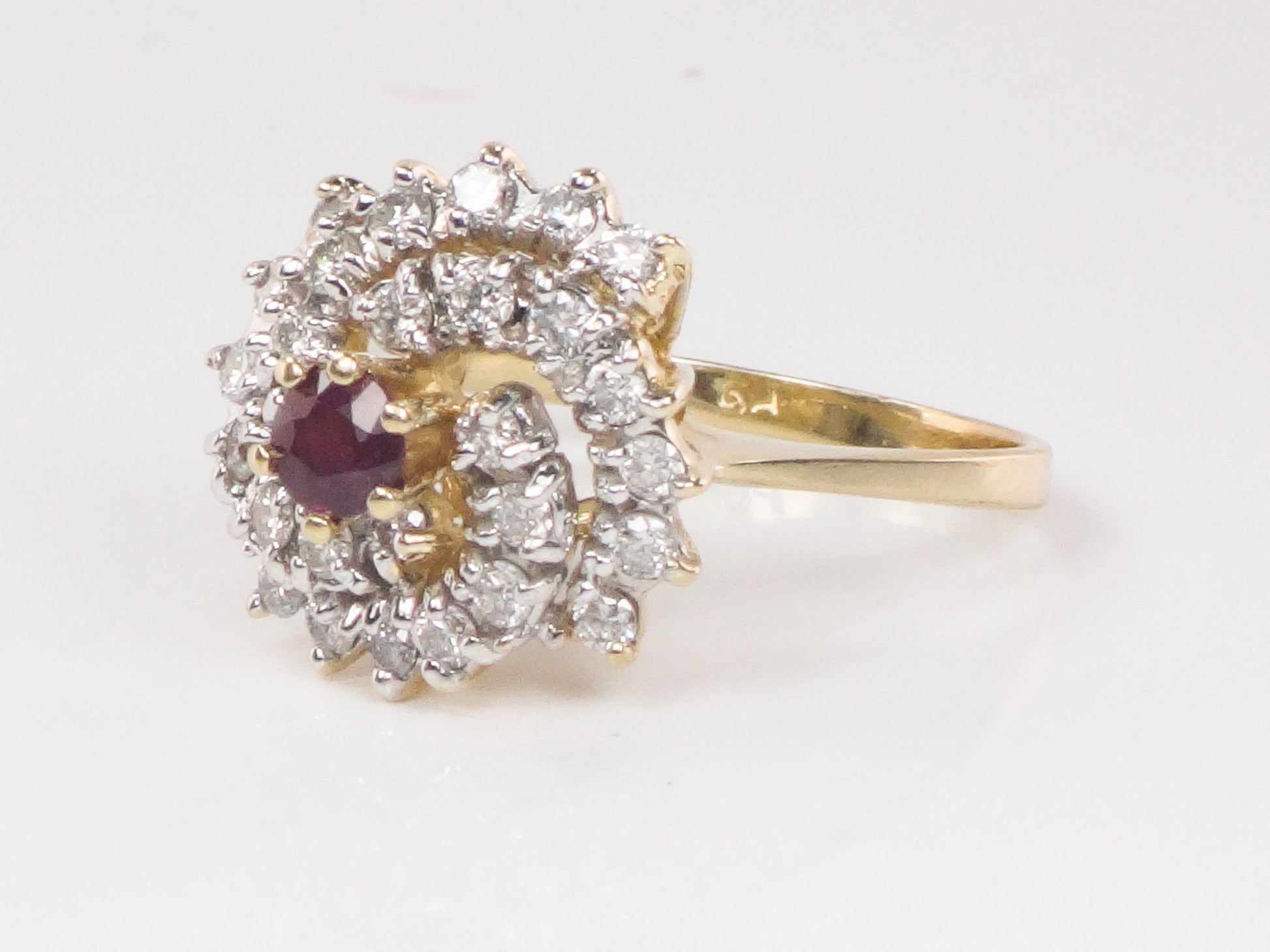 Vintage 14k Gold Natural Ruby and Diamond Swirl Ring Cocktail Ring - Size 6