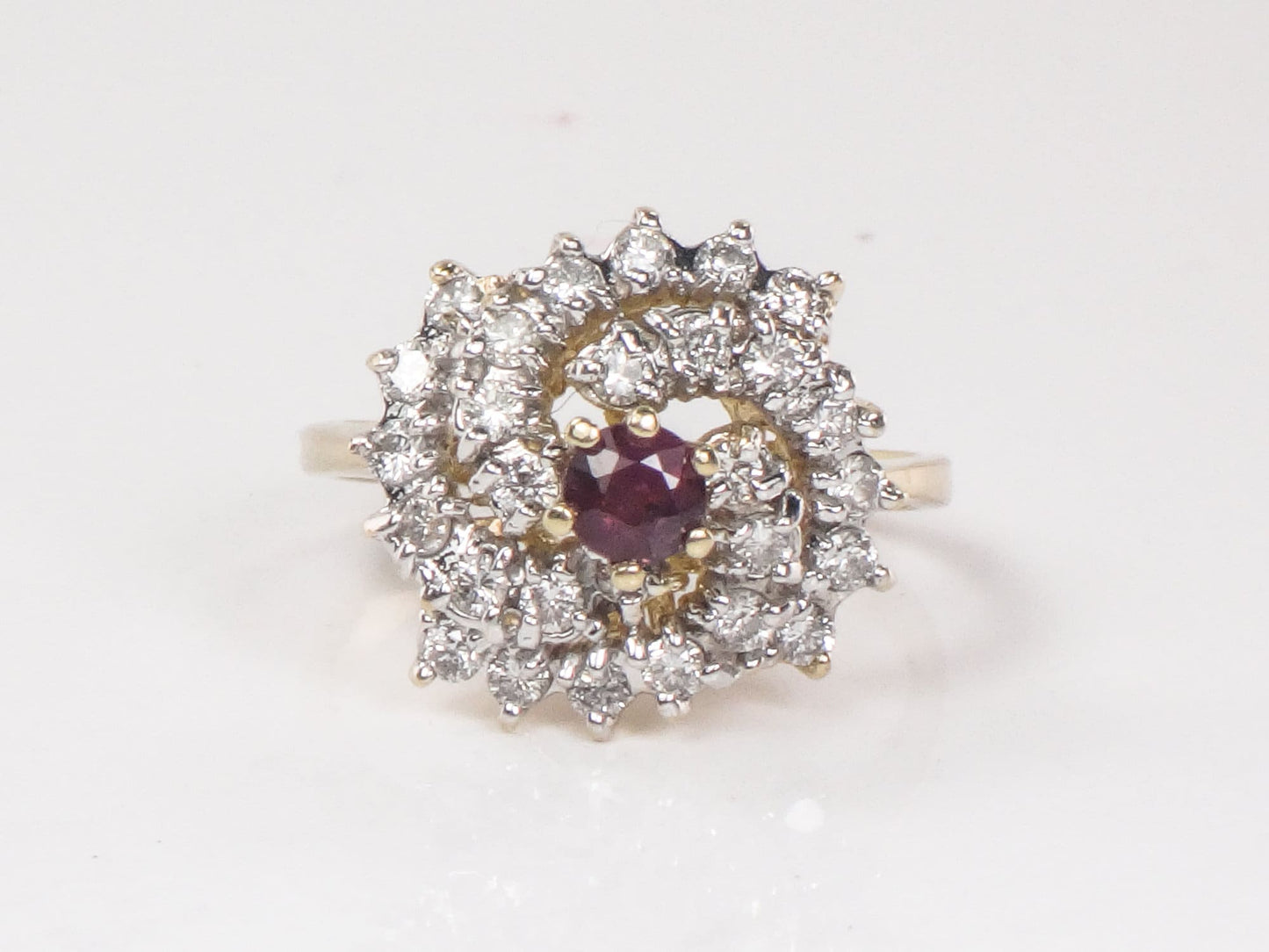 Vintage 14k Gold Natural Ruby and Diamond Swirl Ring Cocktail Ring - Size 6