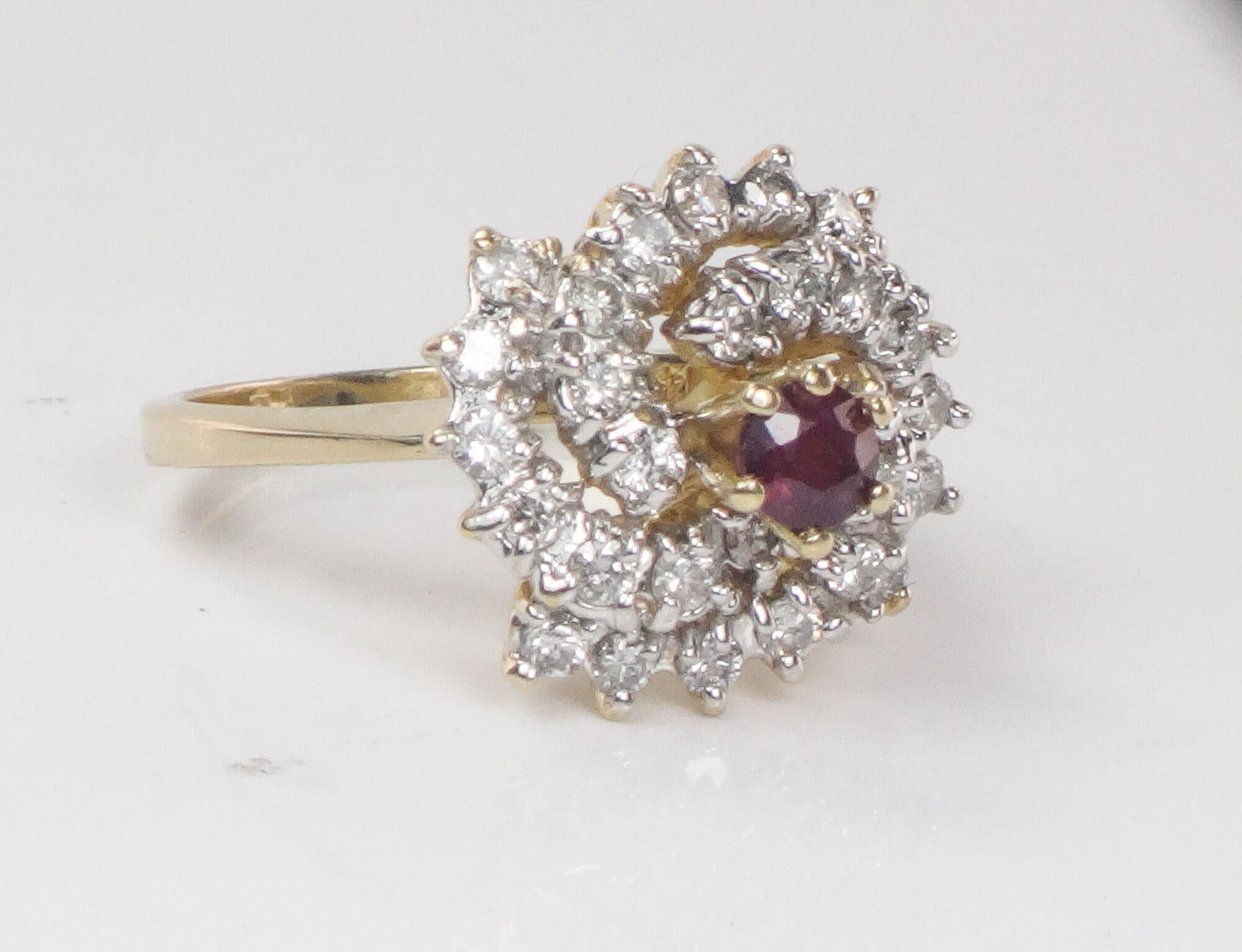 Vintage 14k Gold Natural Ruby and Diamond Swirl Ring Cocktail Ring - Size 6