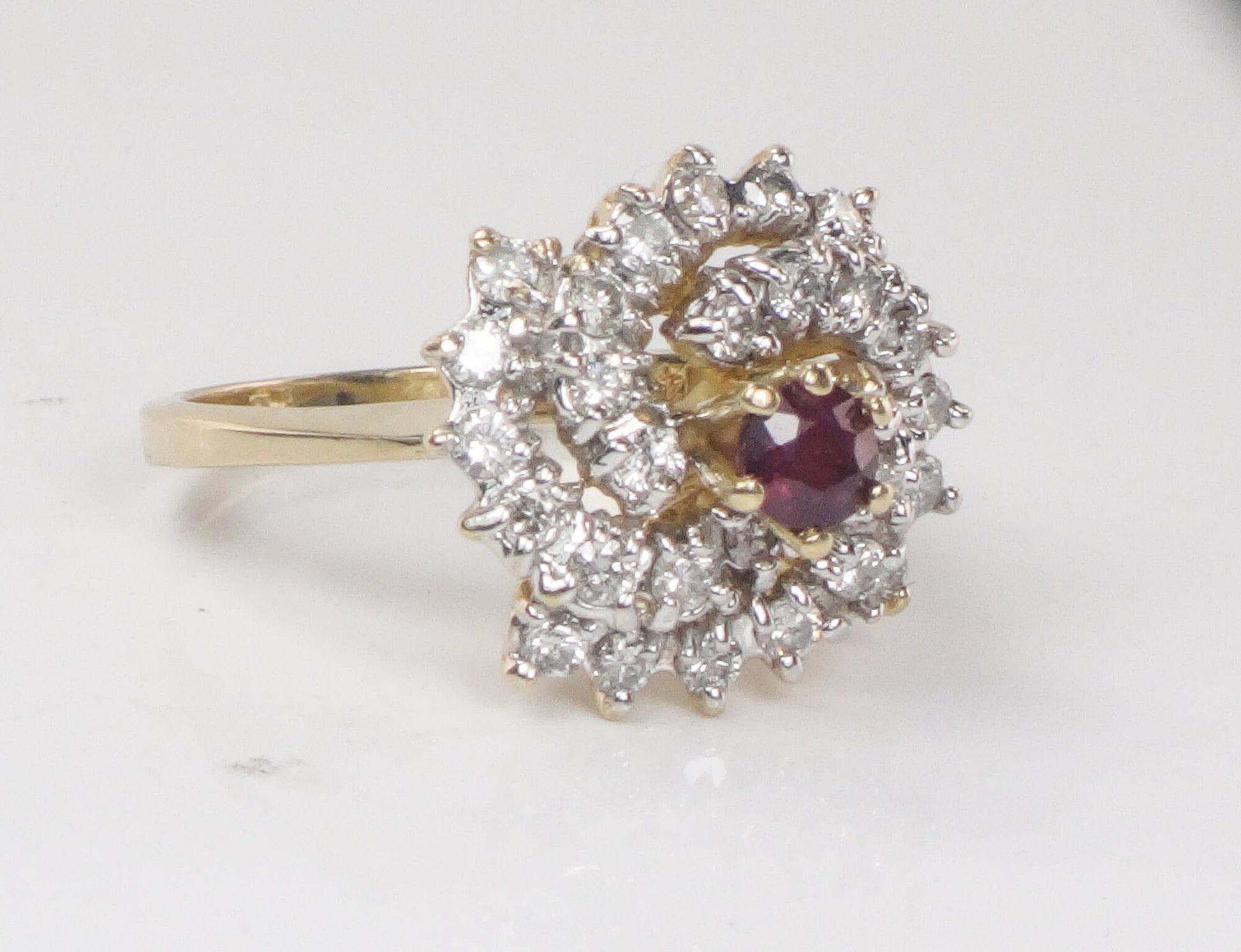 Vintage 14k Gold Natural Ruby and Diamond Swirl Ring Cocktail Ring - Size 6