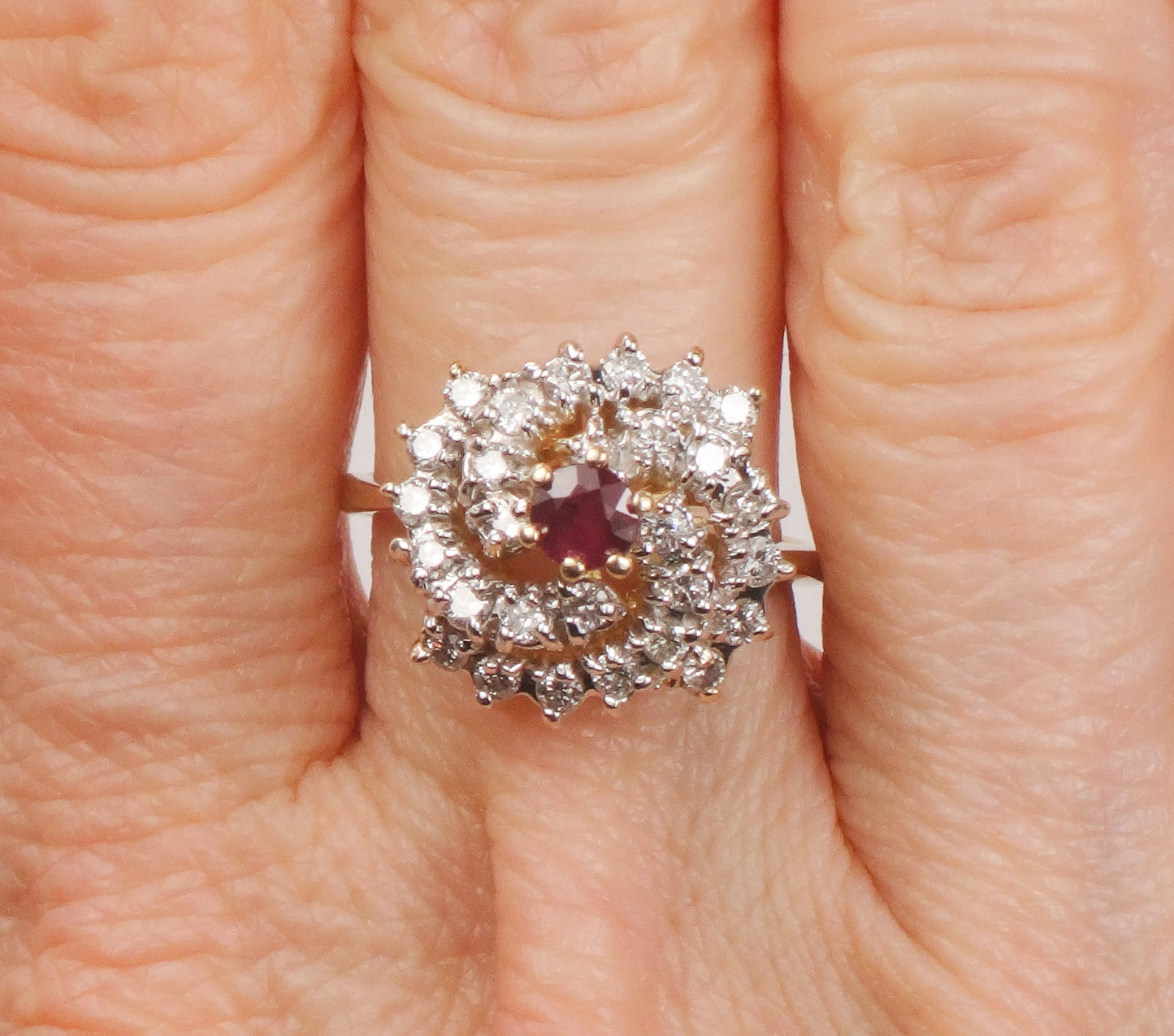 Vintage 14k Gold Natural Ruby and Diamond Swirl Ring Cocktail Ring - Size 6