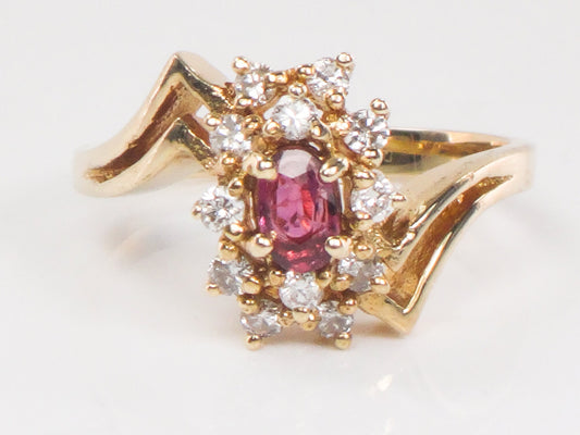Vintage 14k Yellow Gold Ruby and Diamond Cluster Ring - July Birthstone, Size 6