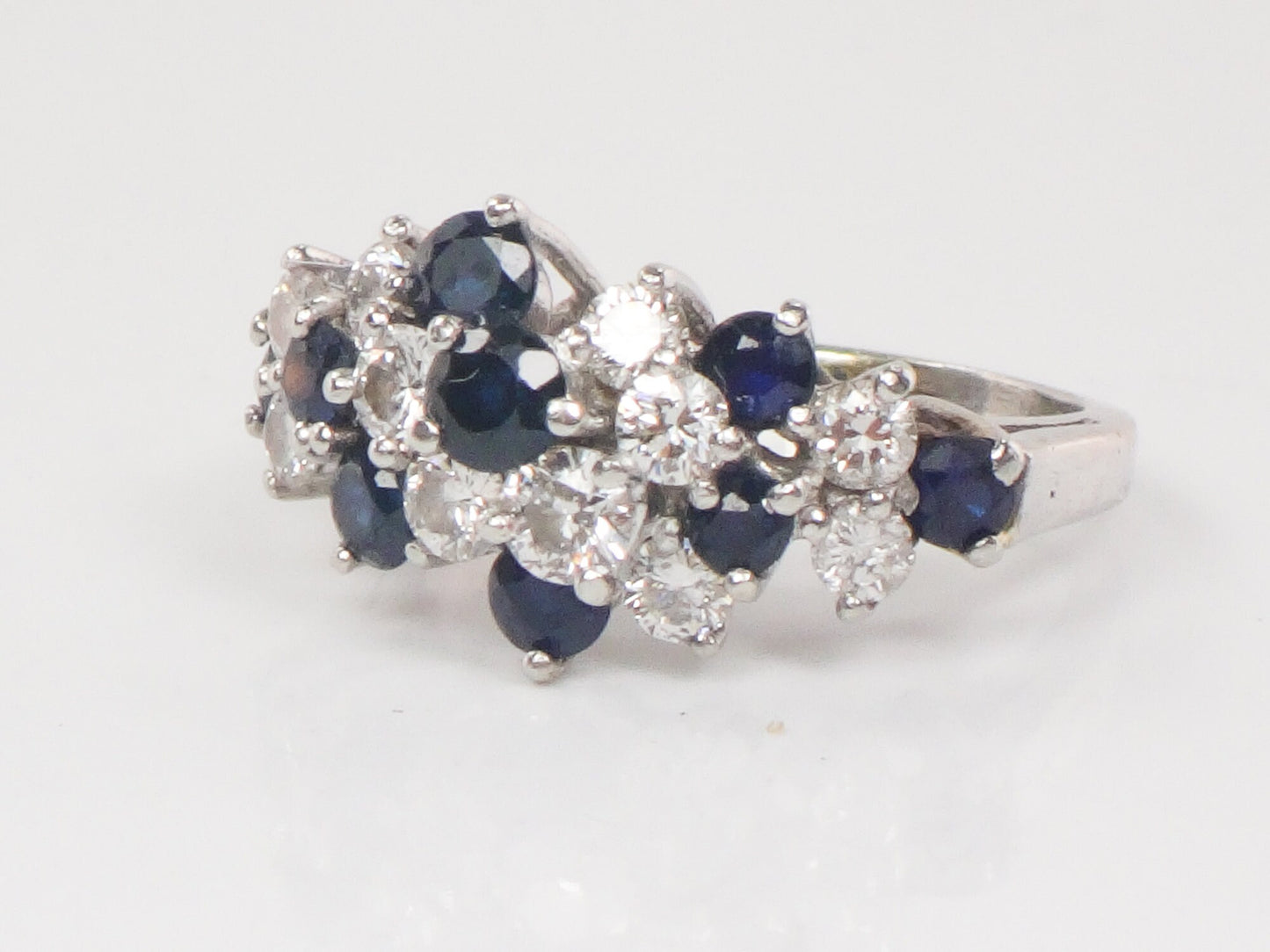 Vintage Platinum Natural Sapphire and Diamond Cluster Ring Pinky Ring - Size 3