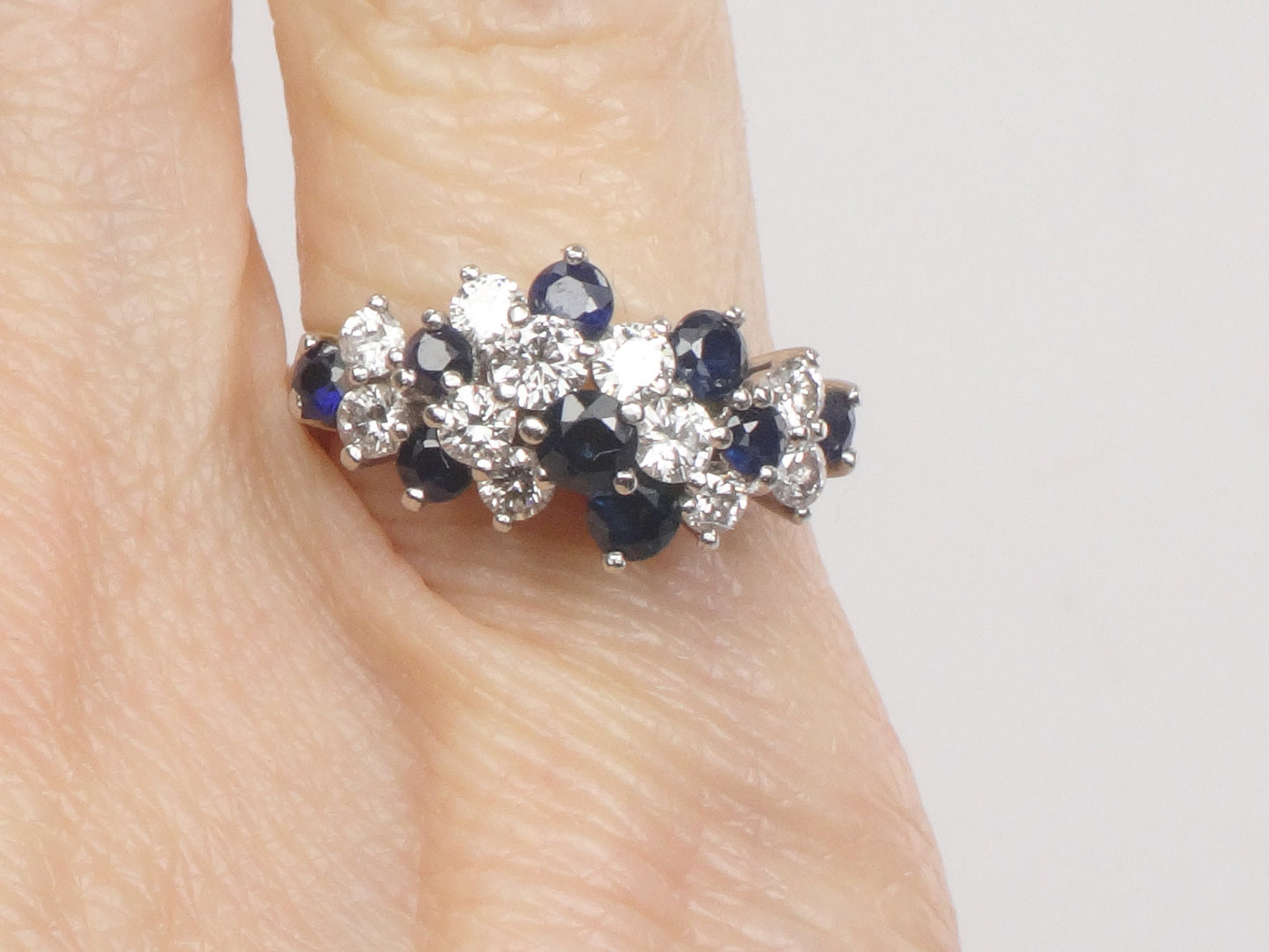 Vintage Platinum Natural Sapphire and Diamond Cluster Ring Pinky Ring - Size 3