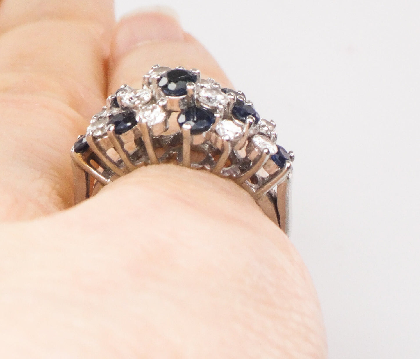 Vintage Platinum Natural Sapphire and Diamond Cluster Ring Pinky Ring - Size 3