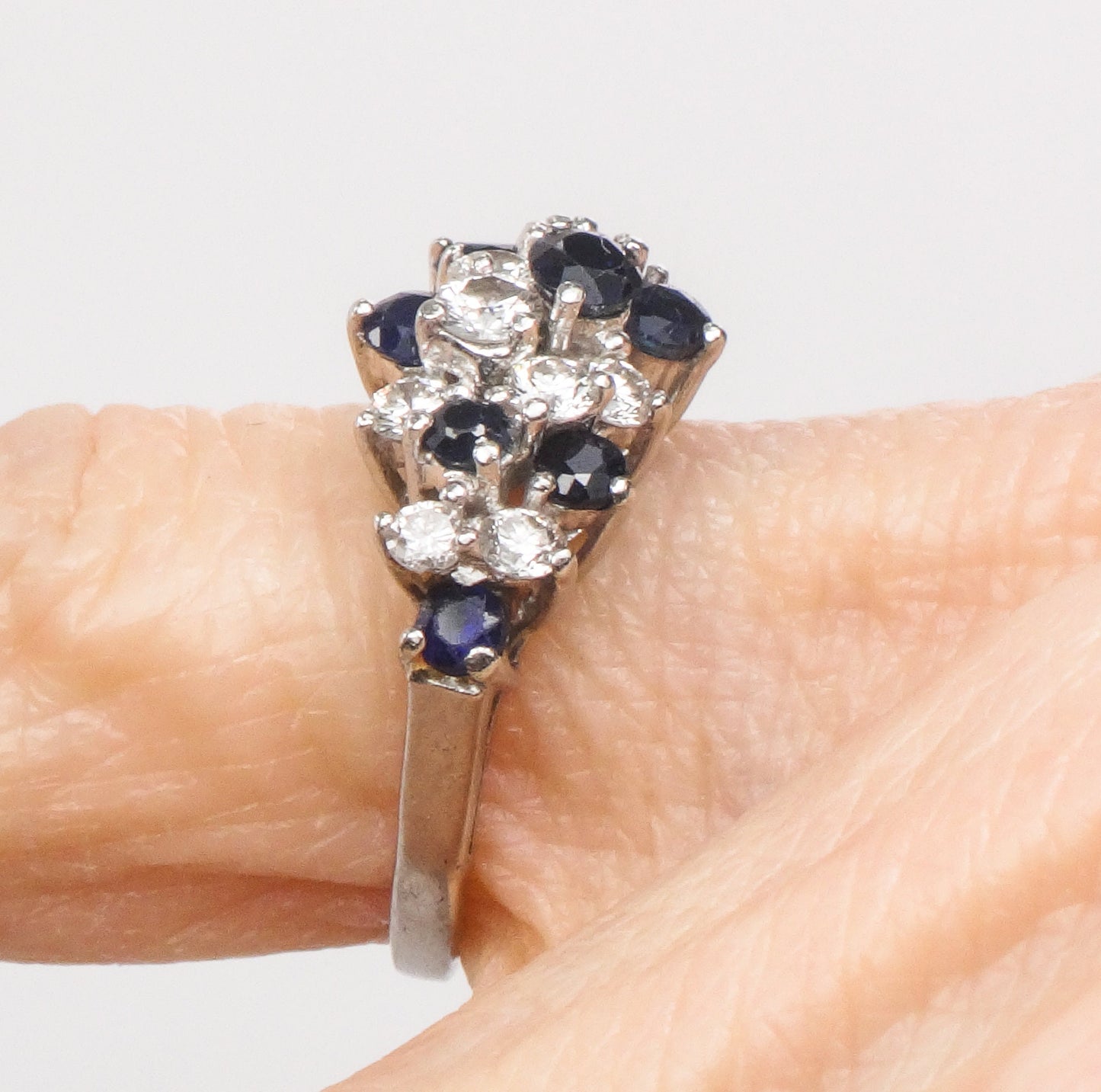 Vintage Platinum Natural Sapphire and Diamond Cluster Ring Pinky Ring - Size 3