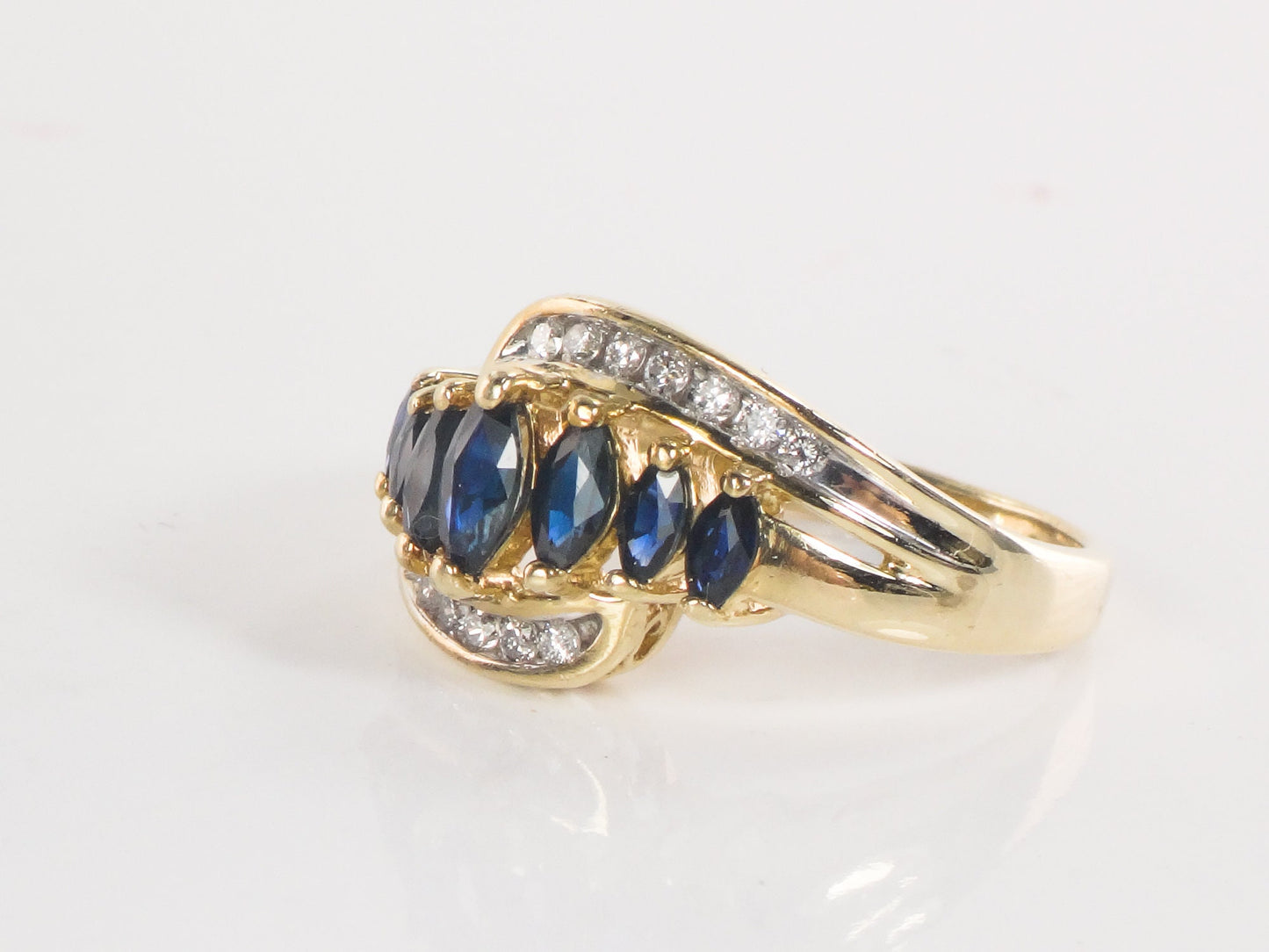 Vintage 14k Yellow Gold Natural Blue Sapphire & Diamond Ring Marquise Cut September Birthstone Ring Size 6.75