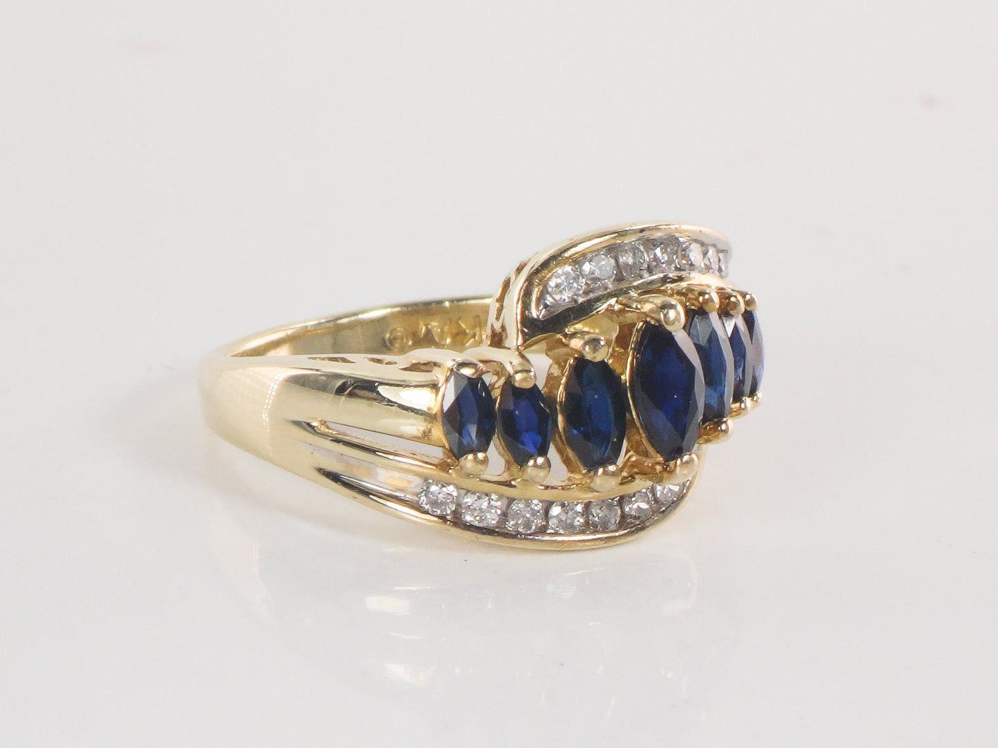 Vintage 14k Yellow Gold Natural Blue Sapphire & Diamond Ring Marquise Cut September Birthstone Ring Size 6.75