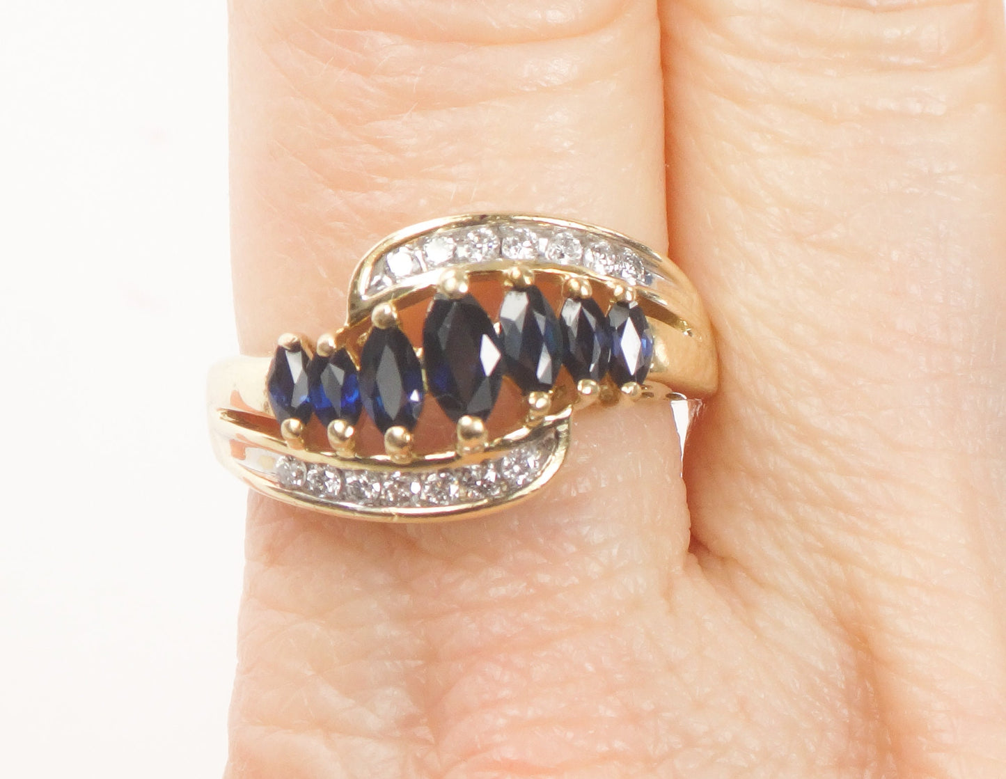 Vintage 14k Yellow Gold Natural Blue Sapphire & Diamond Ring Marquise Cut September Birthstone Ring Size 6.75