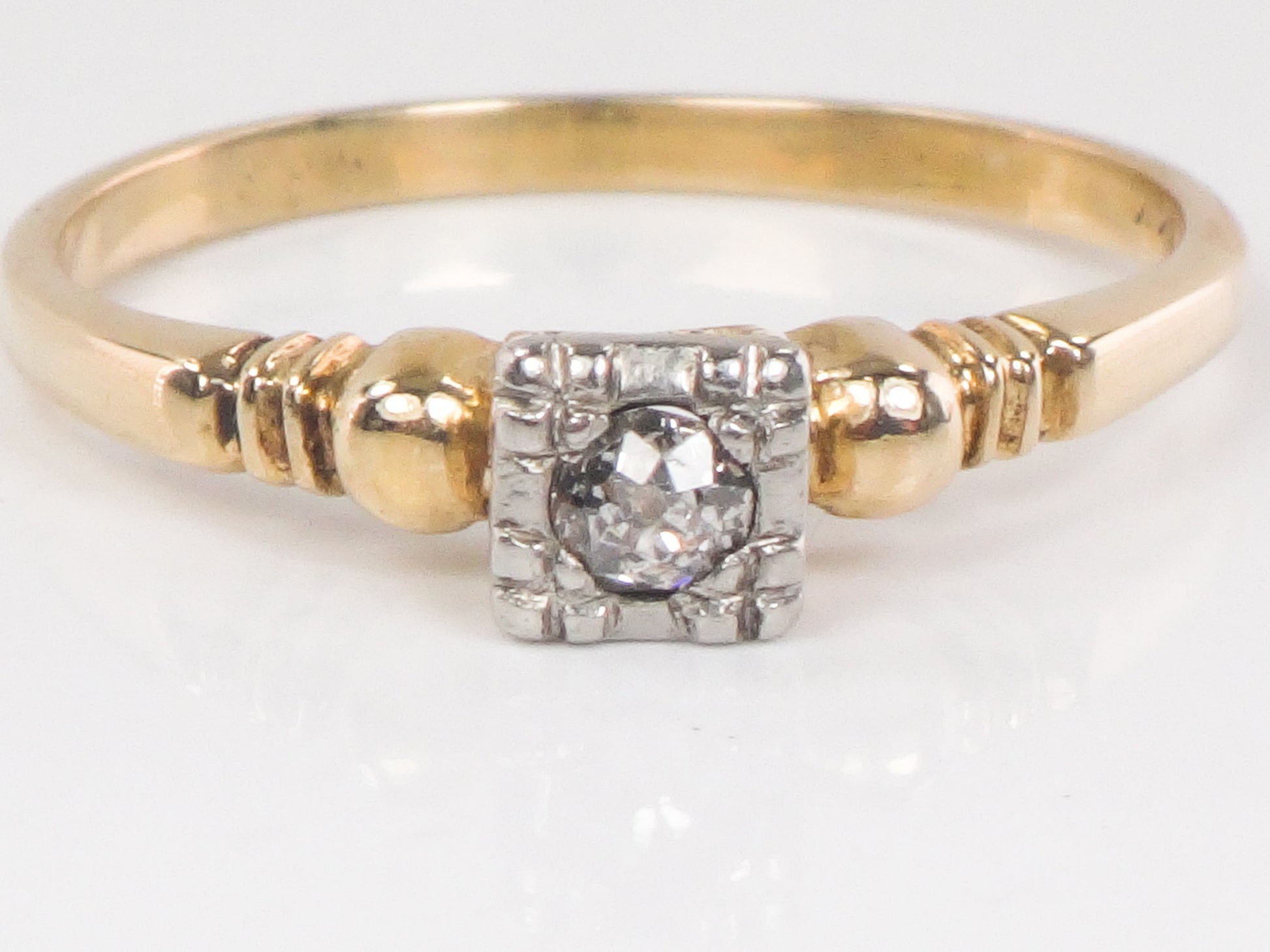 Vintage 14k Two Tone Gold Old Mine Cut Diamond Engagement Ring - 1940s Size 6.75