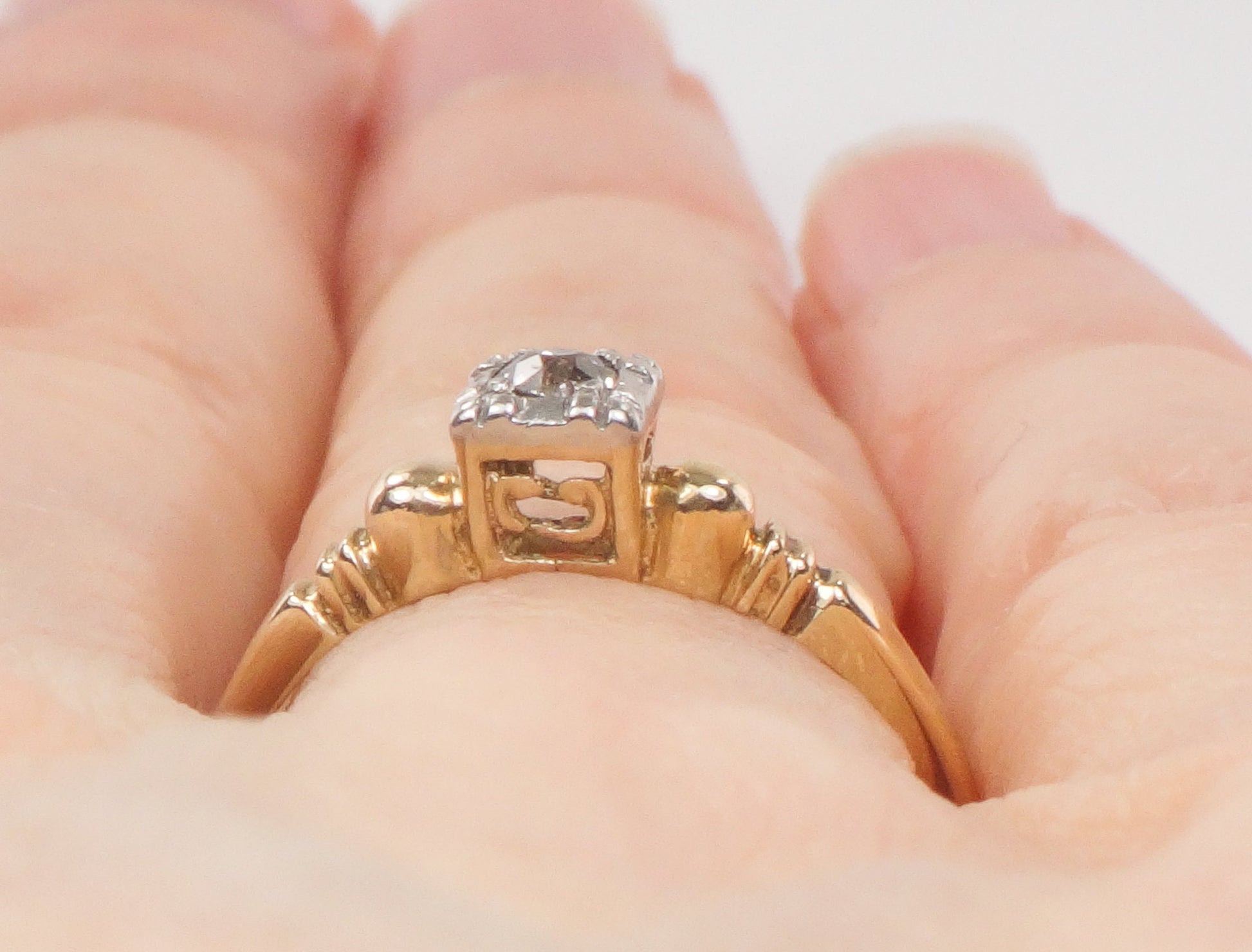 Vintage 14k Two Tone Gold Old Mine Cut Diamond Engagement Ring - 1940s Size 6.75