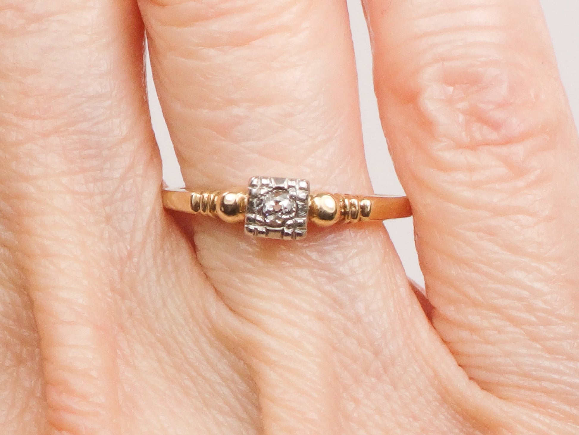 Vintage 14k Two Tone Gold Old Mine Cut Diamond Engagement Ring - 1940s Size 6.75