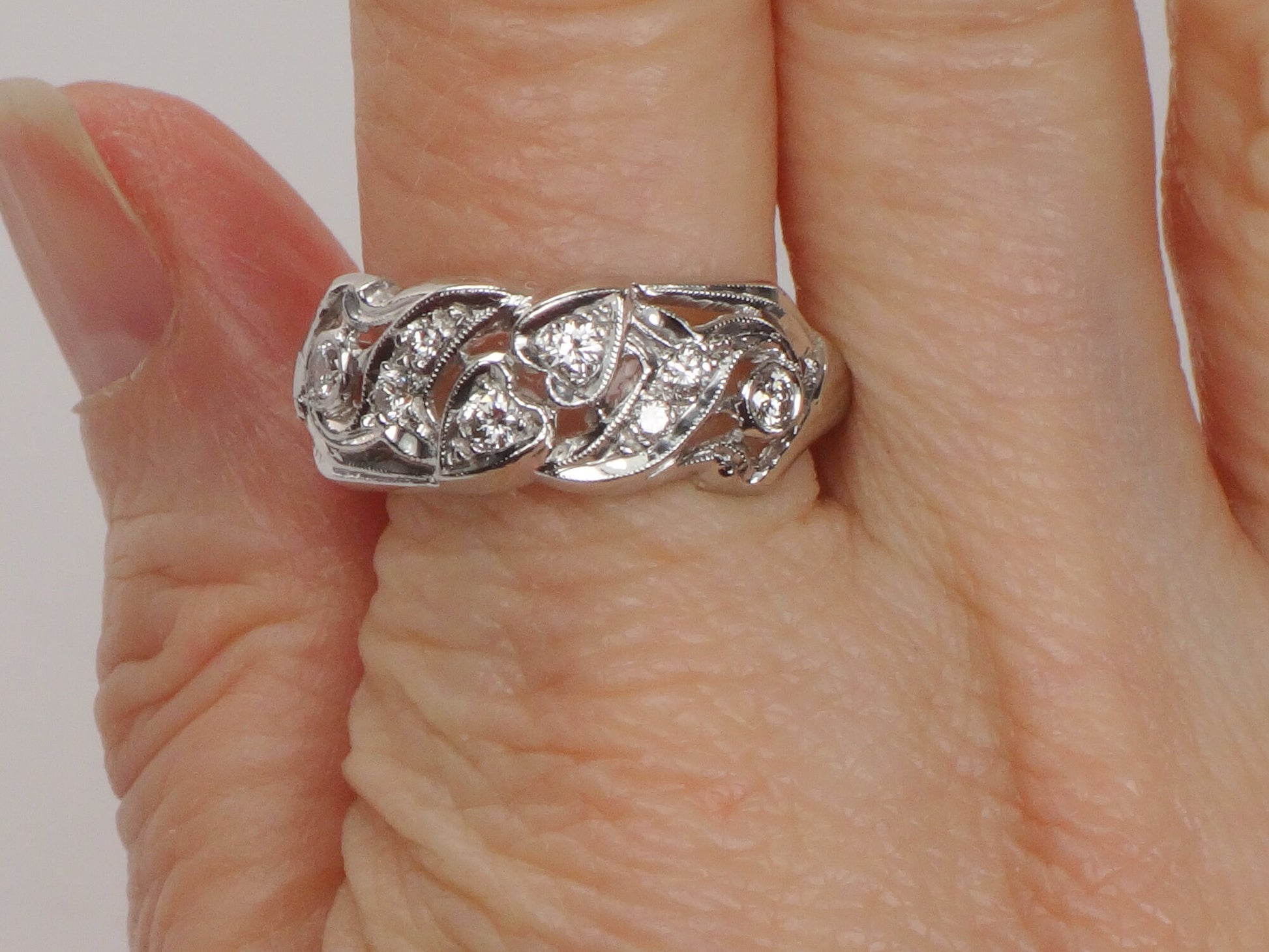 Vintage Platinum Natural Diamond Ring Retro Wide Wedding Band with Heart Design Size 10.5