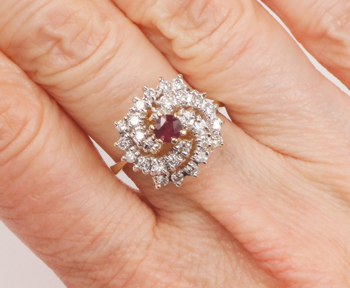 Vintage 14k Gold Natural Ruby and Diamond Swirl Ring Cocktail Ring - Size 6