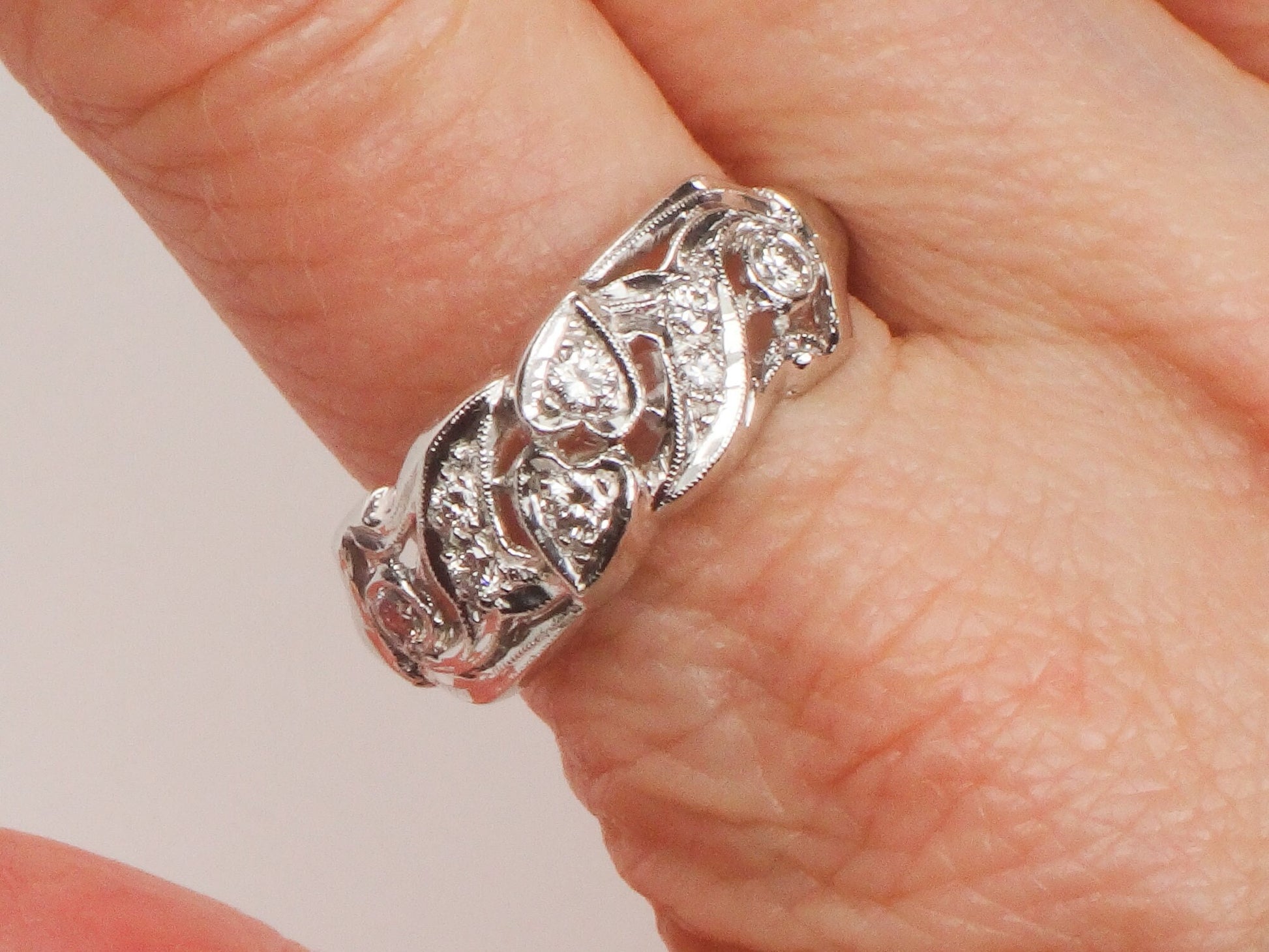 Vintage Platinum Natural Diamond Ring Retro Wide Wedding Band with Heart Design Size 10.5