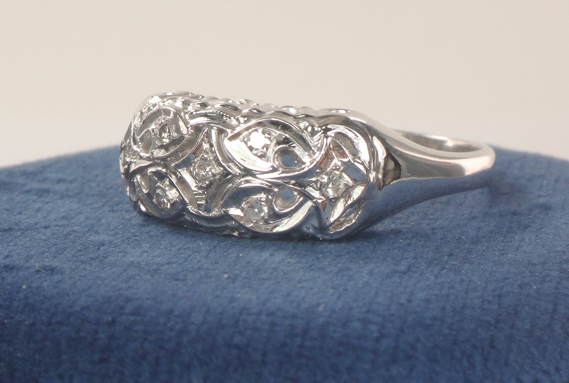 Vintage 14k White Gold Natural Diamond Ring Wide Pierced Wedding Band Size 11