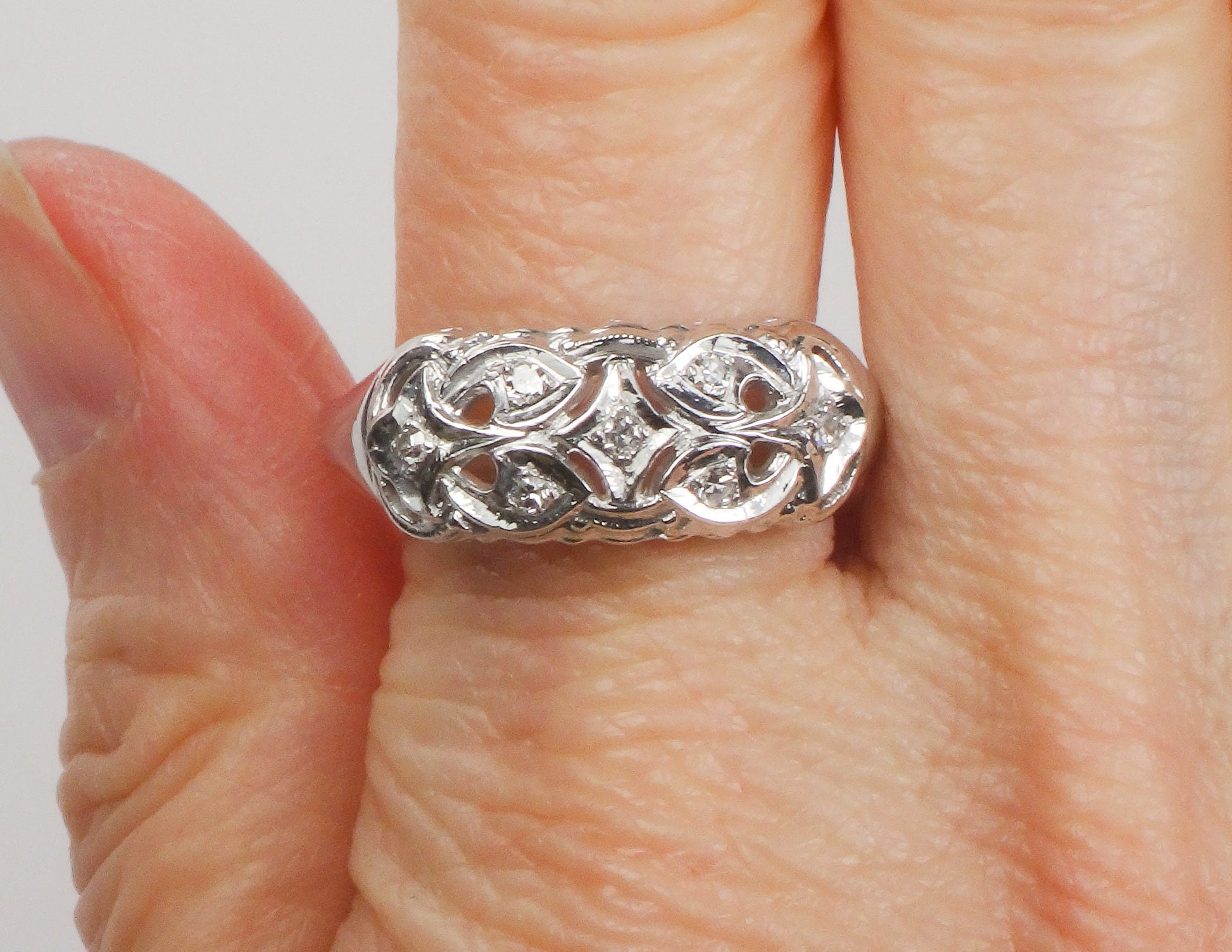 Vintage 14k White Gold Natural Diamond Ring Wide Pierced Wedding Band Size 11