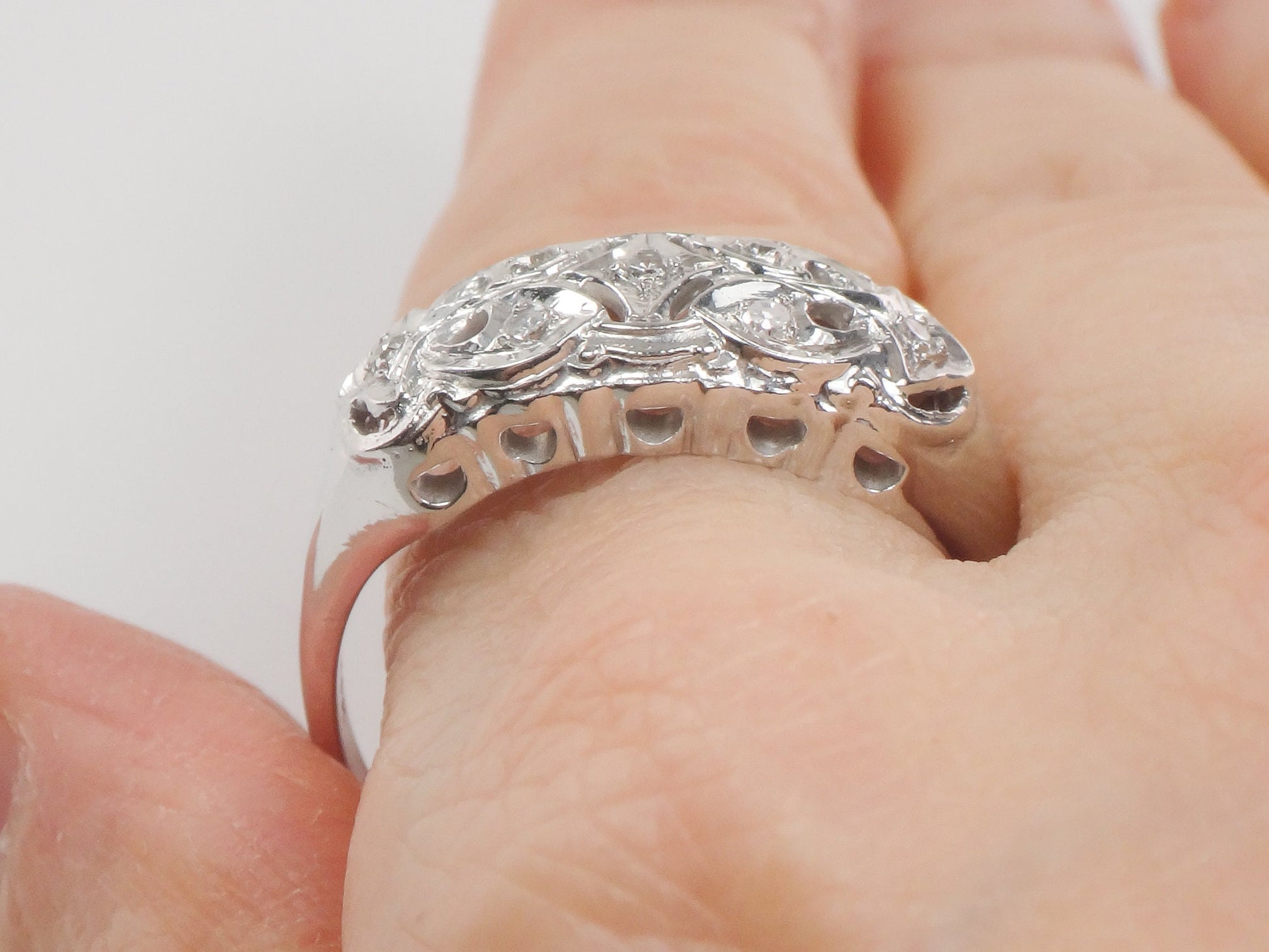 Vintage 14k White Gold Natural Diamond Ring Wide Pierced Wedding Band Size 11