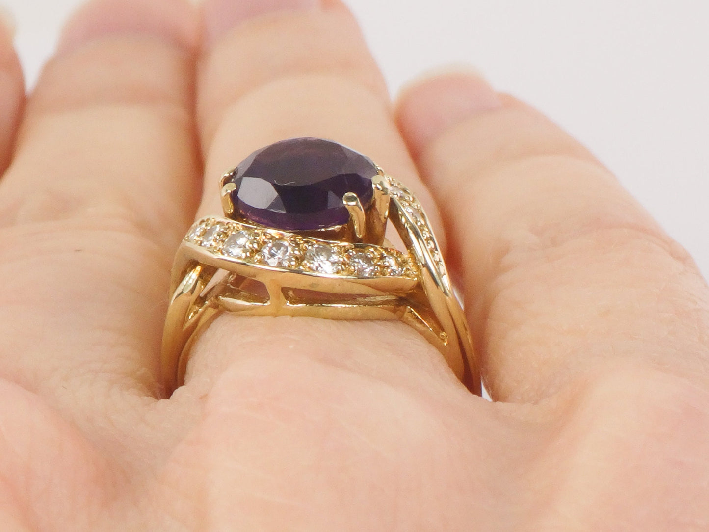 Vintage 14k Gold Natural Amethyst Ring with Diamonds, Purple February Birthstone Ring Size 5