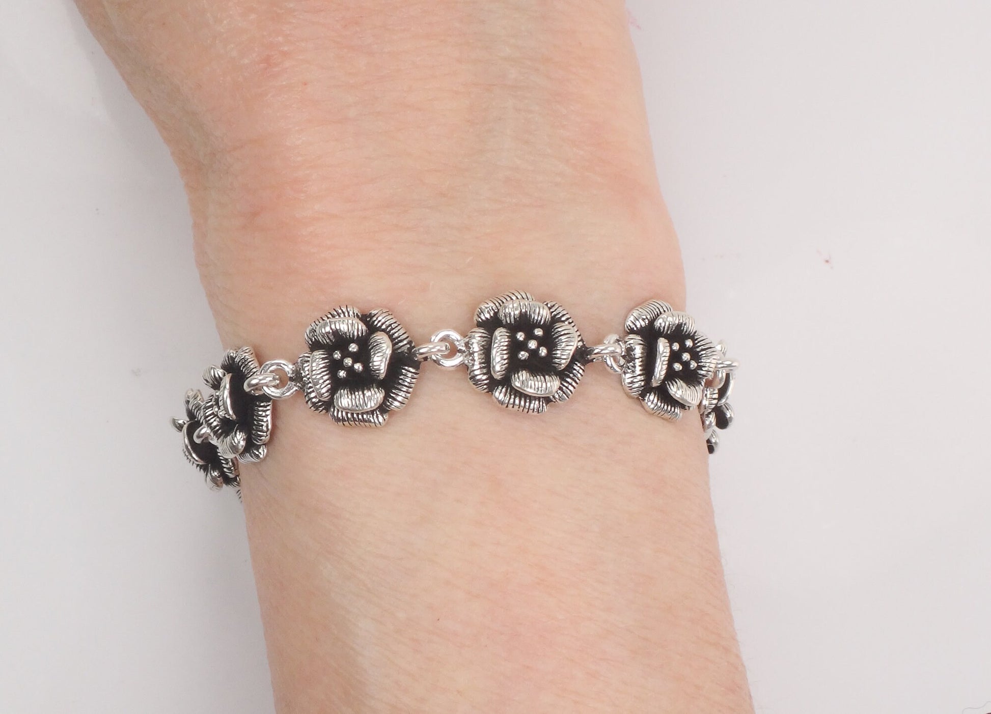 Floral Sterling Silver Bracelet Vintage Flower Bracelet 7.5"