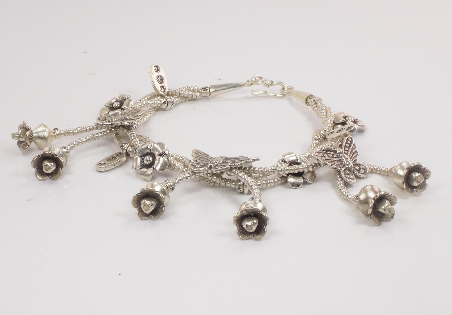 Vintage Sterling Silver Butterfly and Flower Dangle Charm Bracelet - Three Strand Floral Bracelet - 7.25"