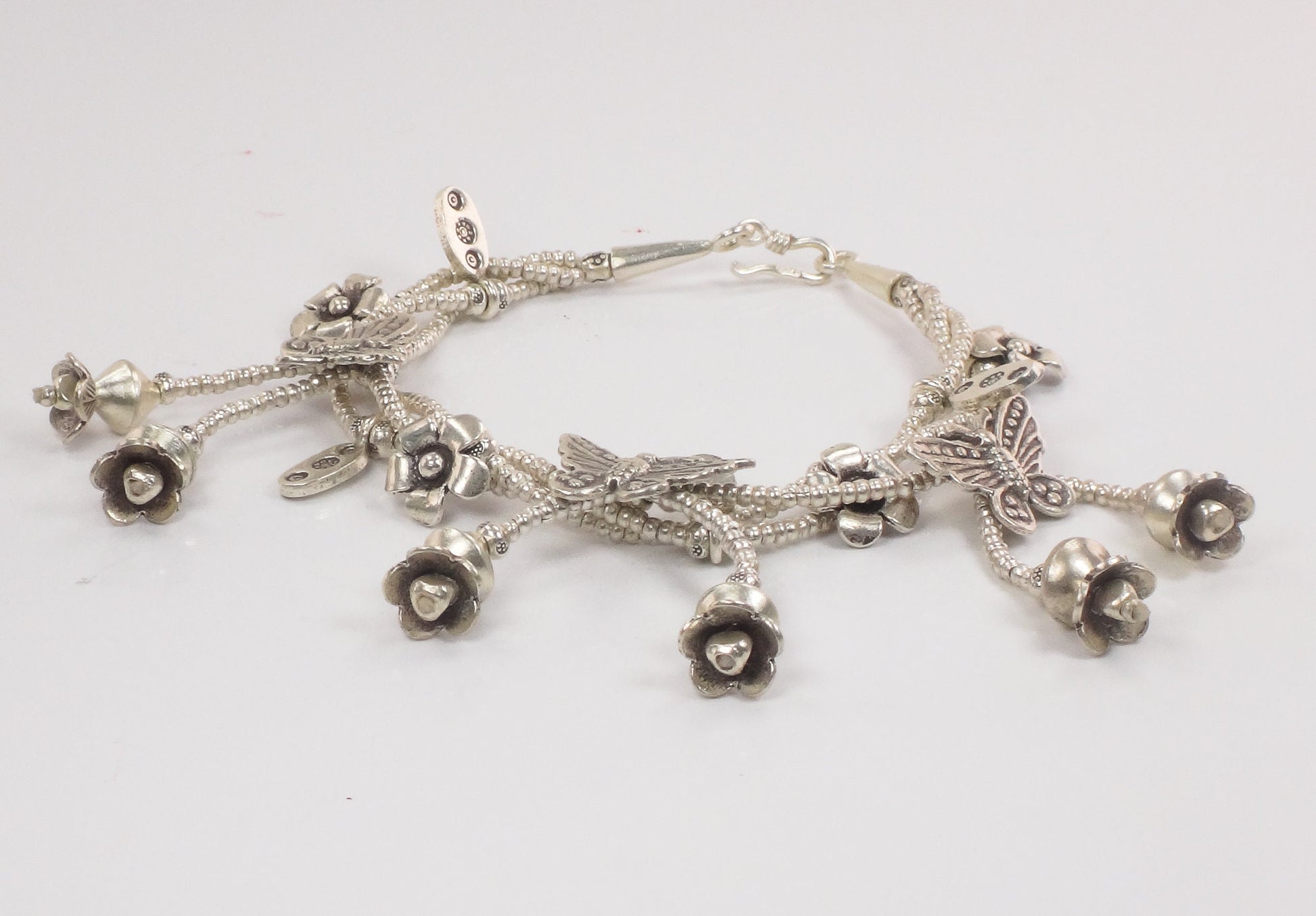 Vintage Sterling Silver Butterfly and Flower Dangle Charm Bracelet - Three Strand Floral Bracelet - 7.25"