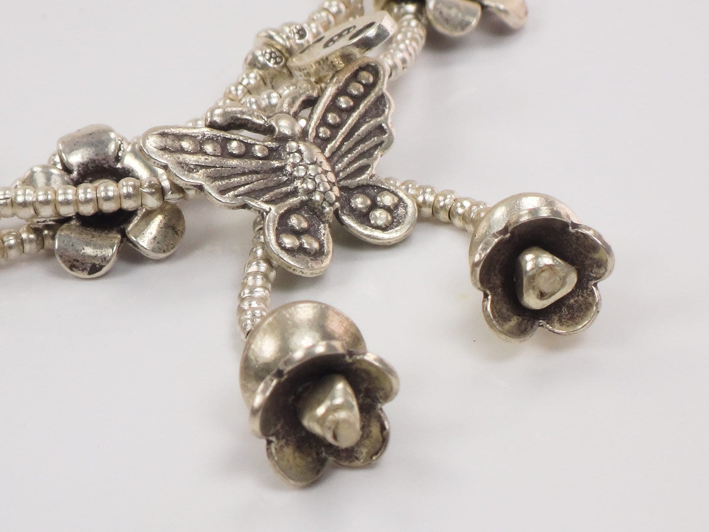 Vintage Sterling Silver Butterfly and Flower Dangle Charm Bracelet - Three Strand Floral Bracelet - 7.25"