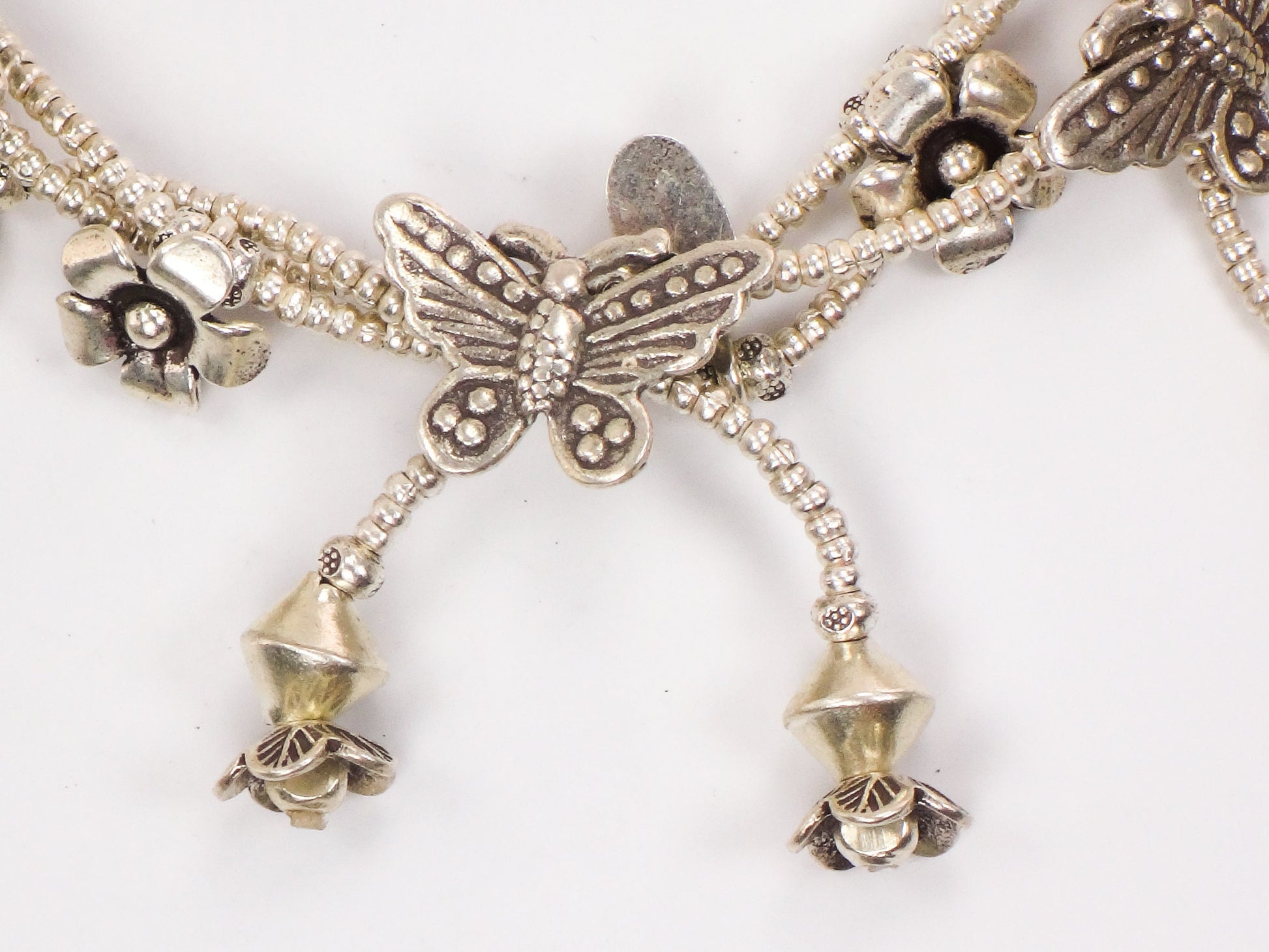 Vintage Sterling Silver Butterfly and Flower Dangle Charm Bracelet - Three Strand Floral Bracelet - 7.25"
