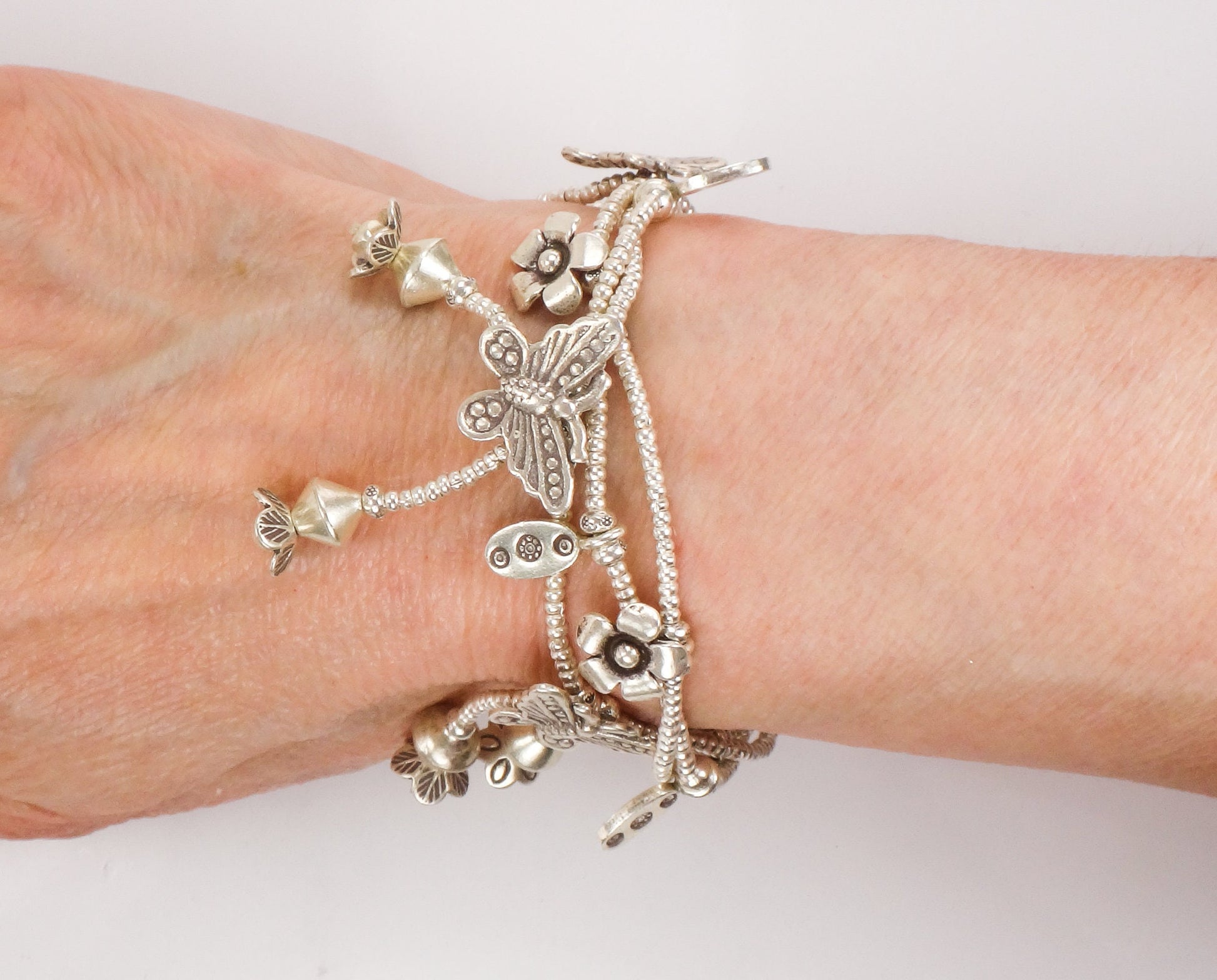 Vintage Sterling Silver Butterfly and Flower Dangle Charm Bracelet - Three Strand Floral Bracelet - 7.25"