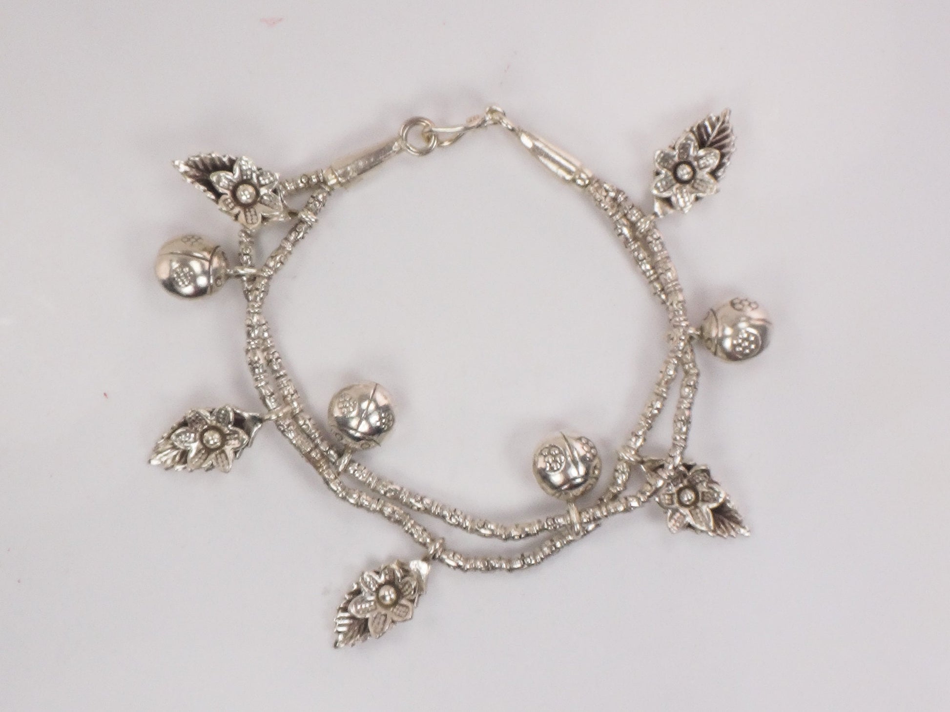 Sterling Silver Ladybug and Flower Charm Bracelet Flexible 7"