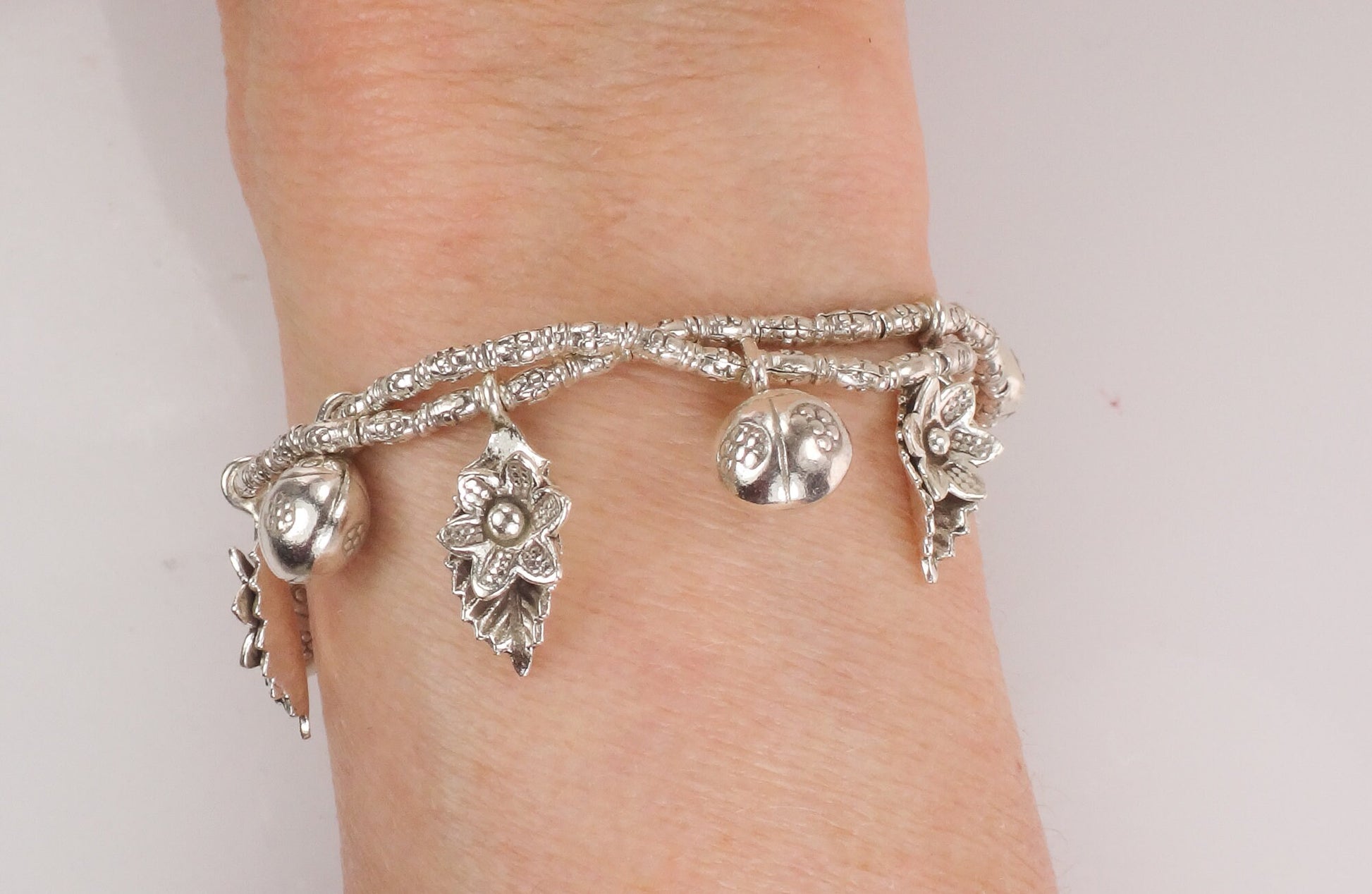 Sterling Silver Ladybug and Flower Charm Bracelet Flexible 7"