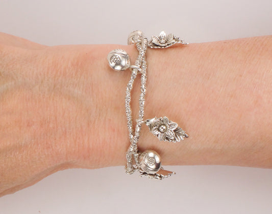 Sterling Silver Ladybug and Flower Charm Bracelet Flexible 7"