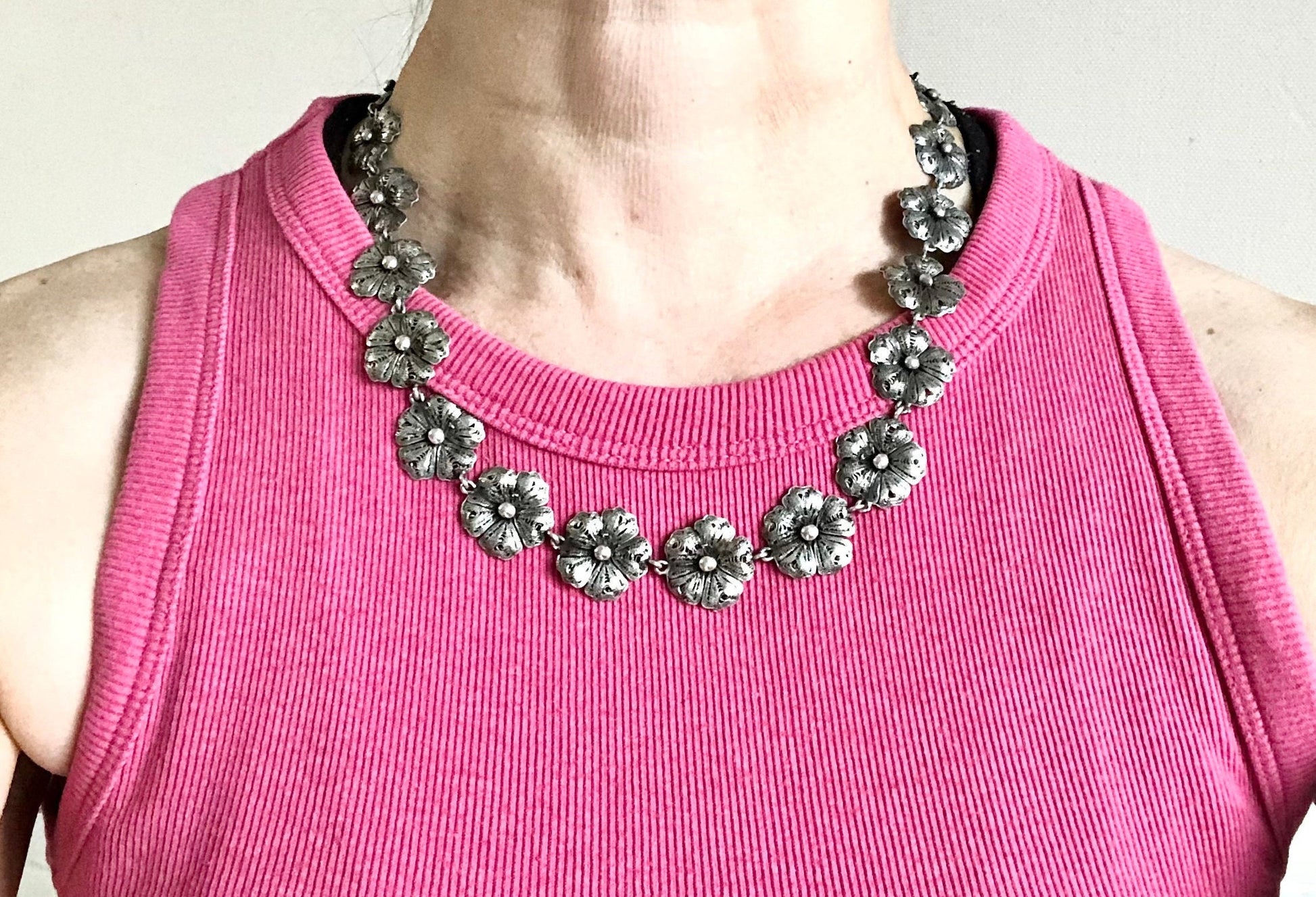 Vintage Sterling Silver Flower Necklace 19.5"